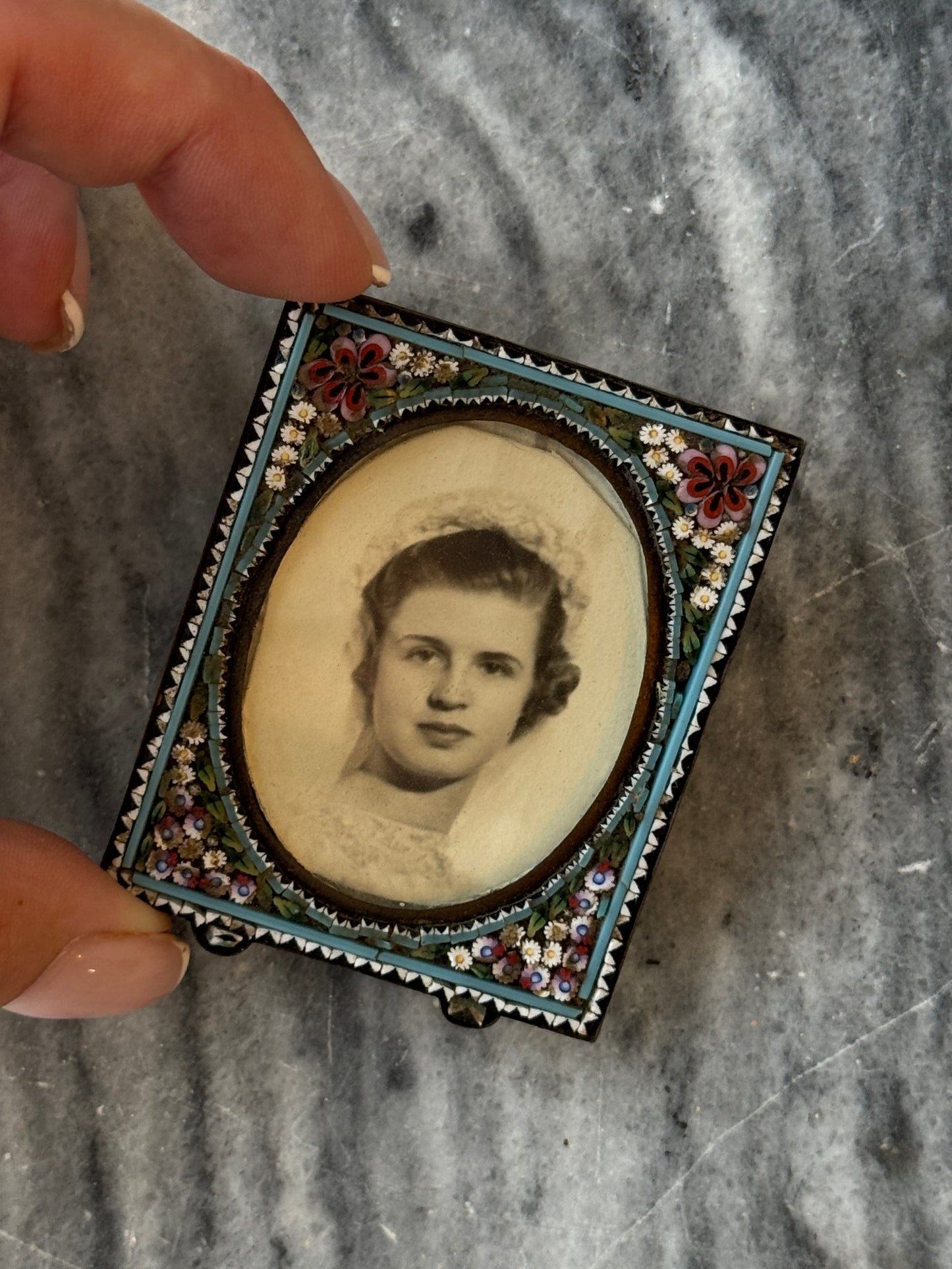 Antique Italian Micro Mosaic Picture Frame – Oval Millefiori Glass Floral Inlay – Brass Miniature Photo Frame