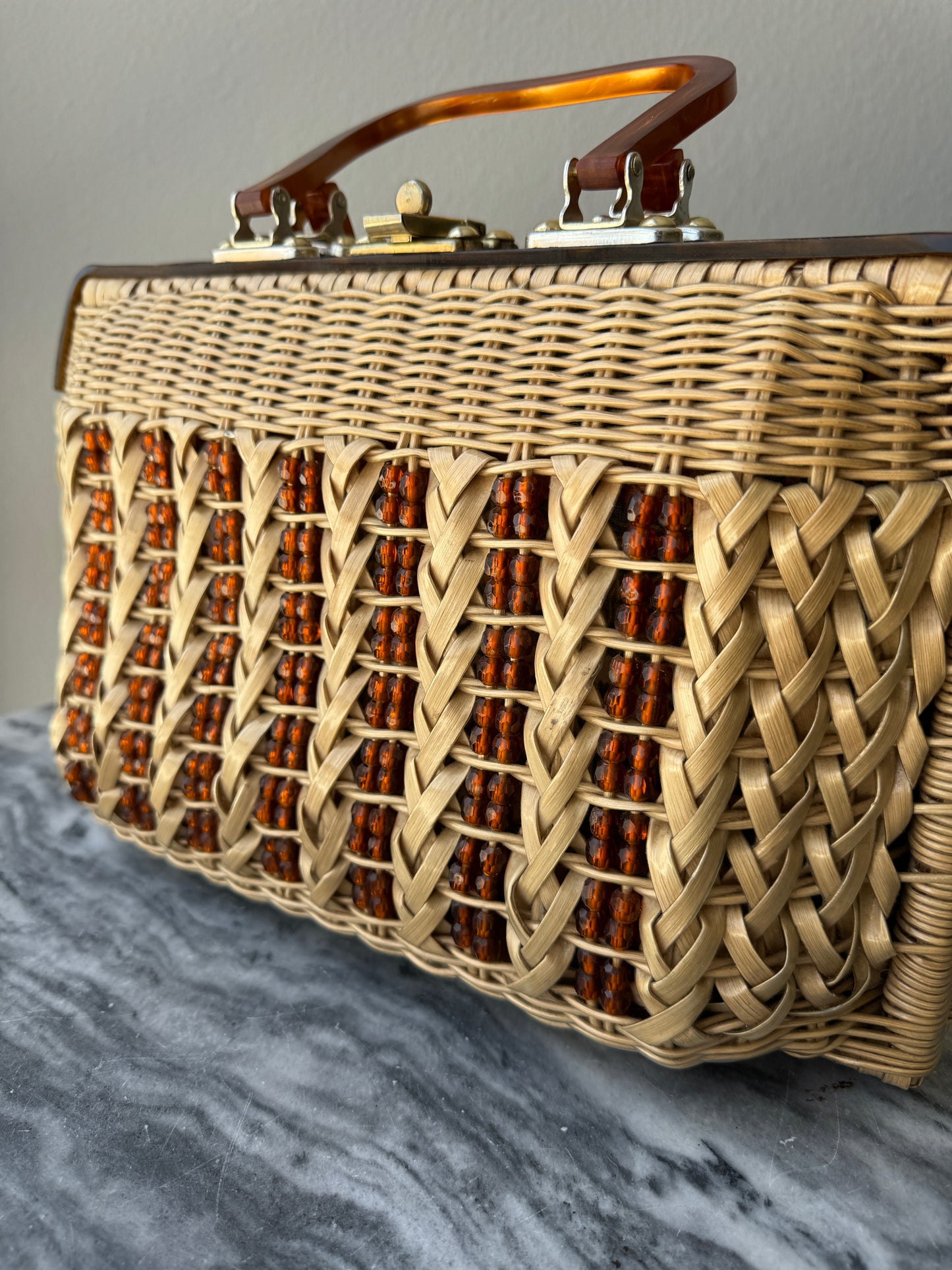 Vintage Wicker Handbag with Beads and Lucite