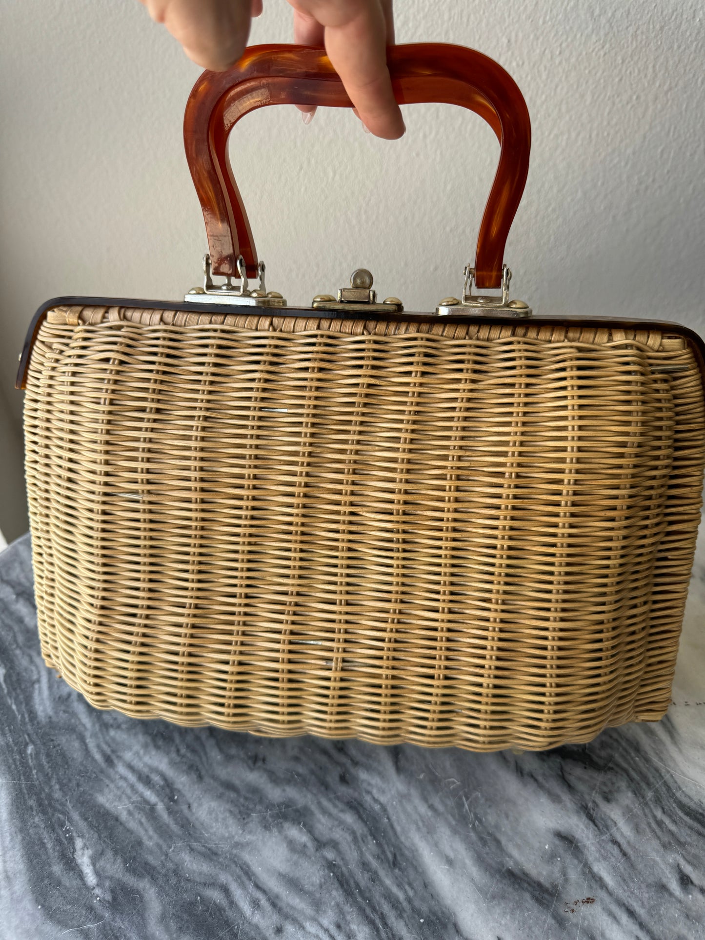 Vintage Wicker Handbag with Beads and Lucite