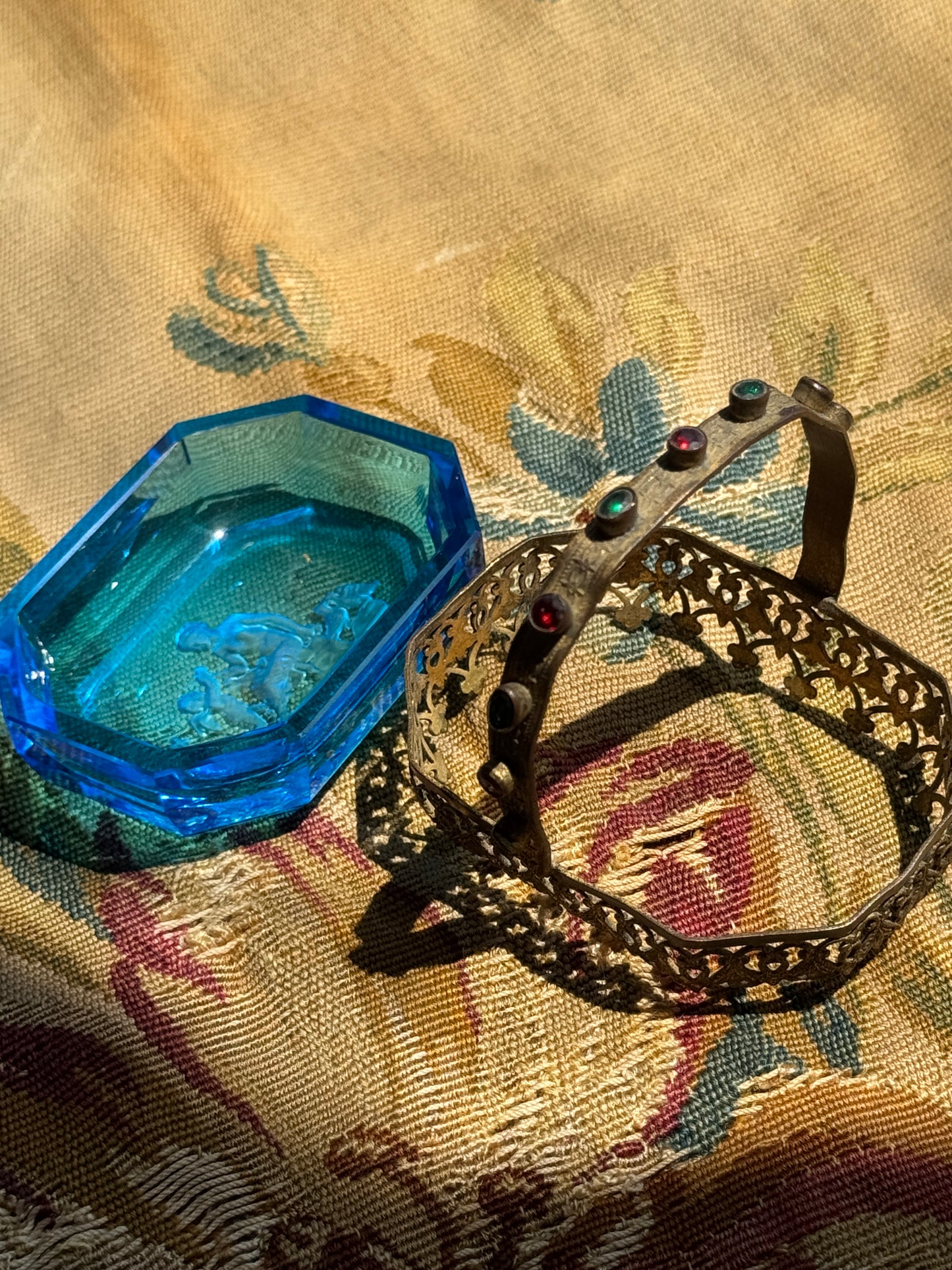 Antique Czech Blue Intaglio Glass Salt Cellar Basket