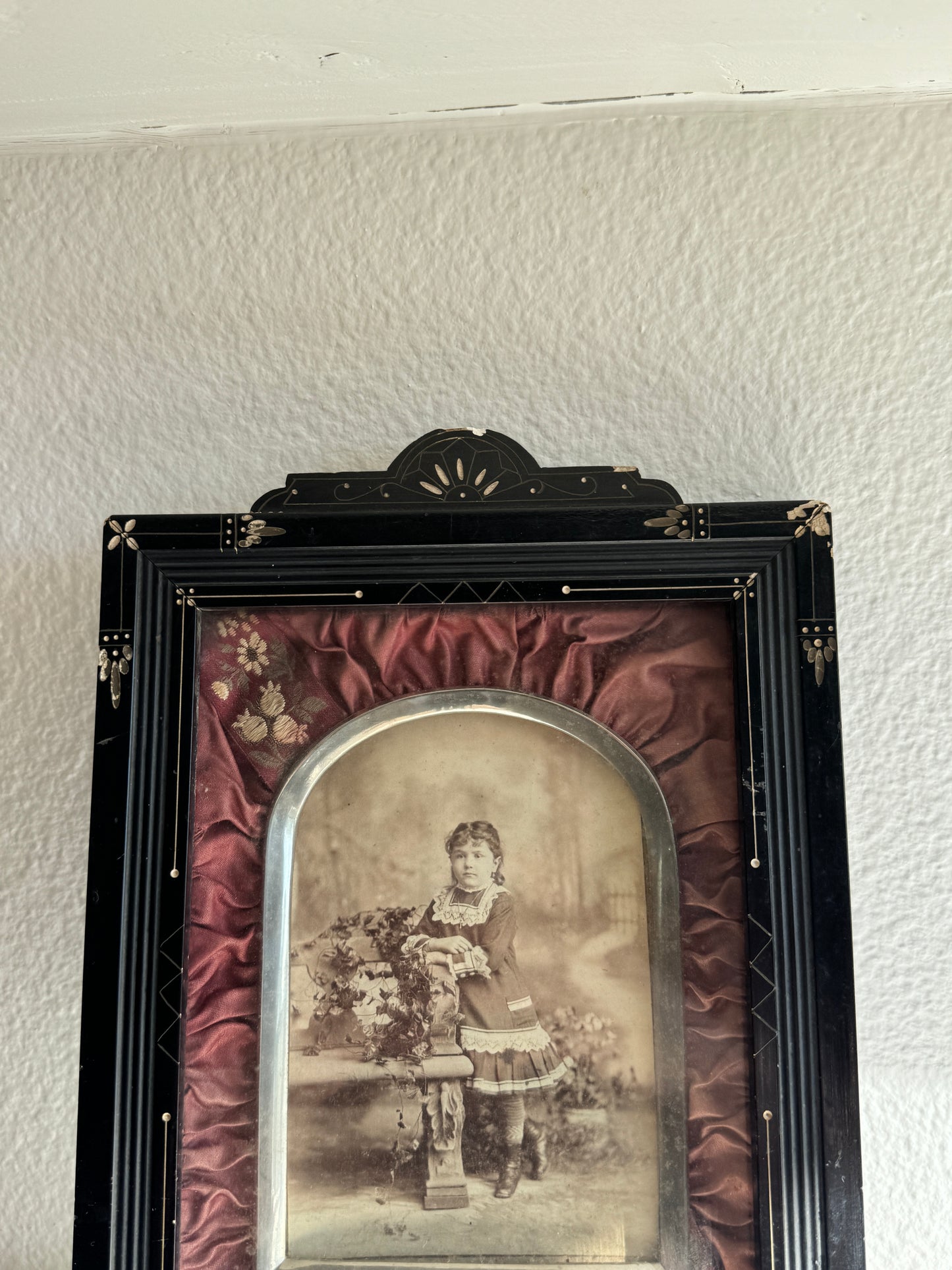 Victorian Eastlake Picture Frame with Silk Fabric and Silver Border