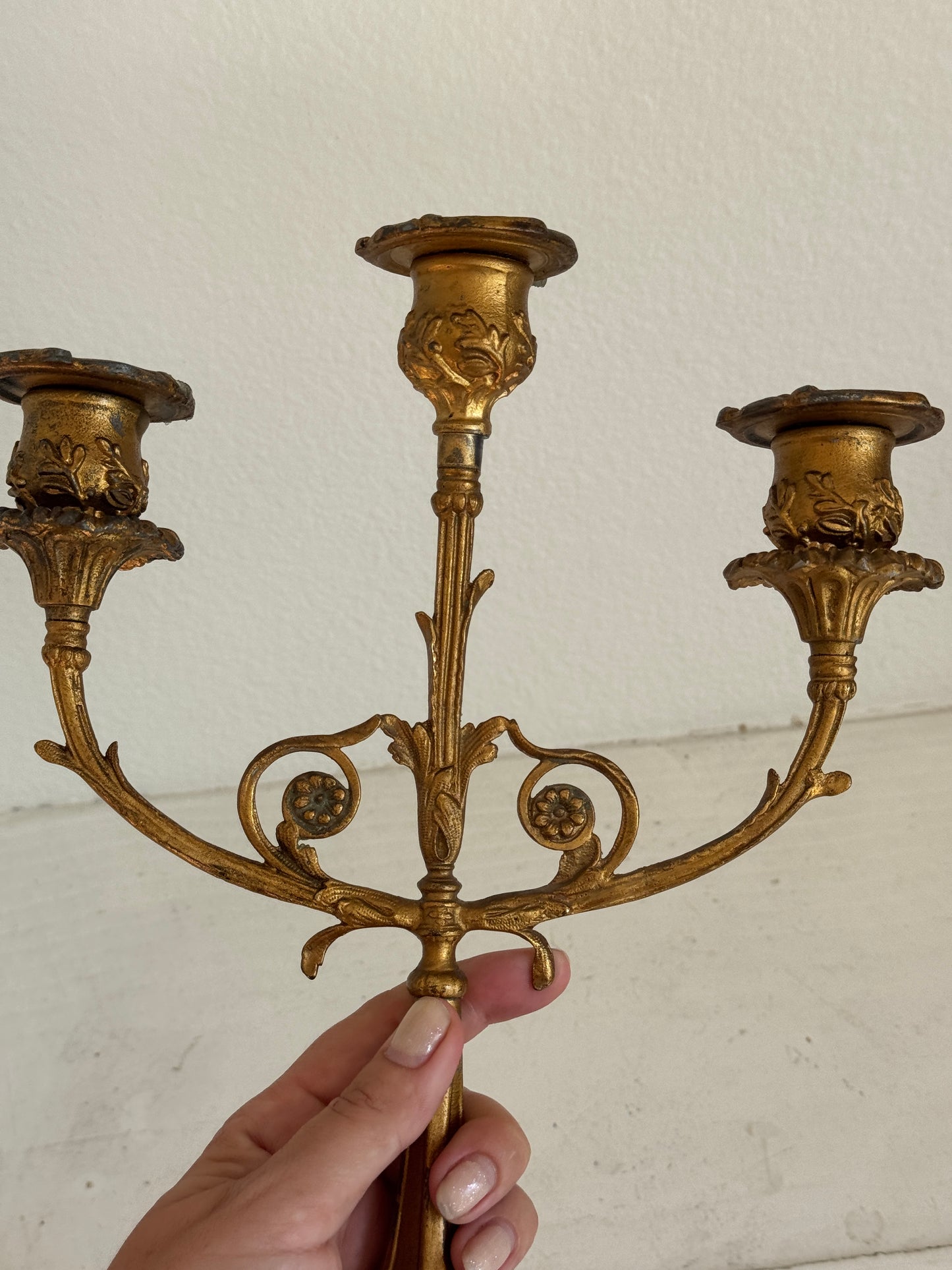 Antique Gilt Metal Three-Arm Candelabra with Stone Base 12.5x9
