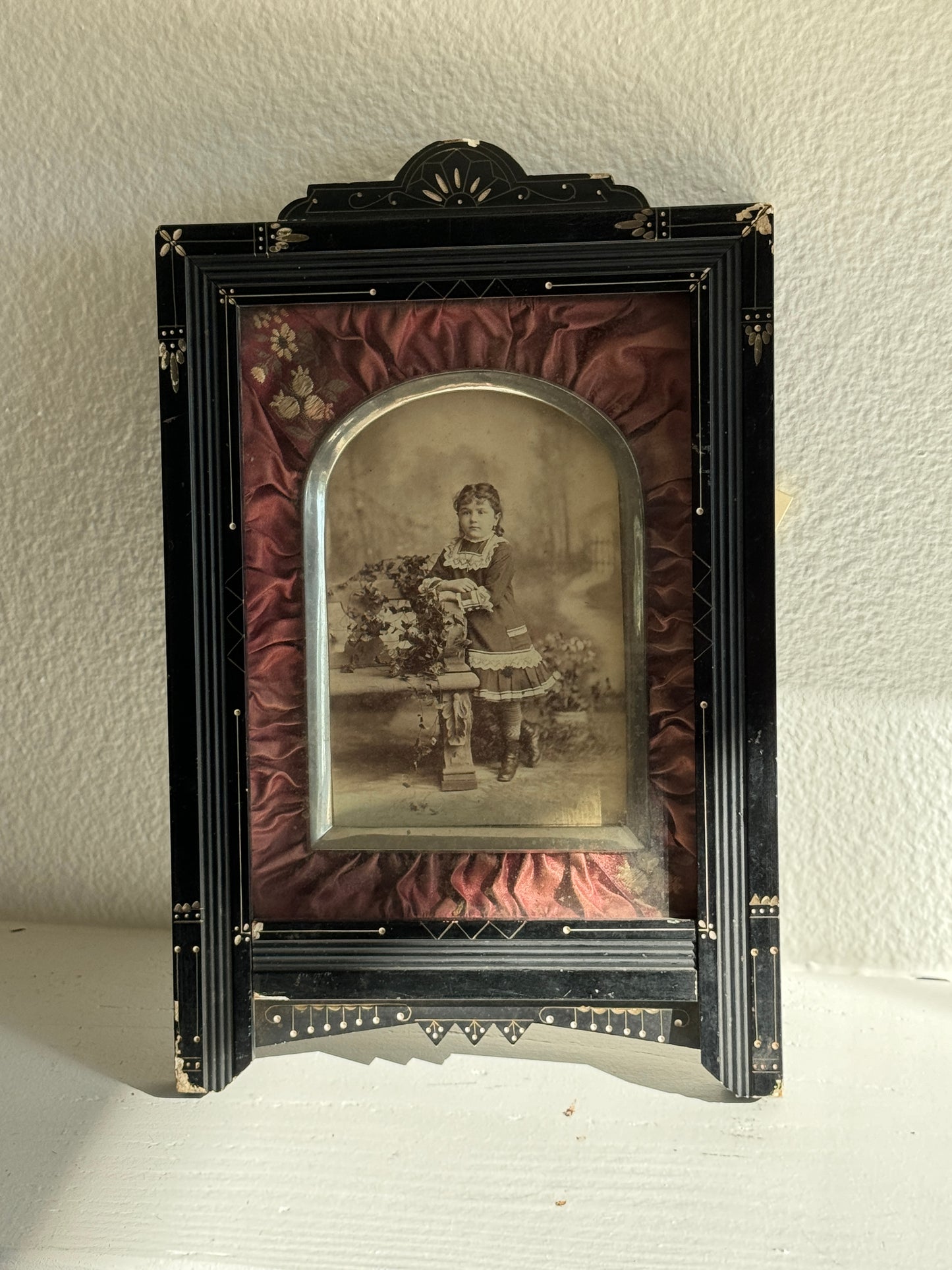 Victorian Eastlake Picture Frame with Silk Fabric and Silver Border