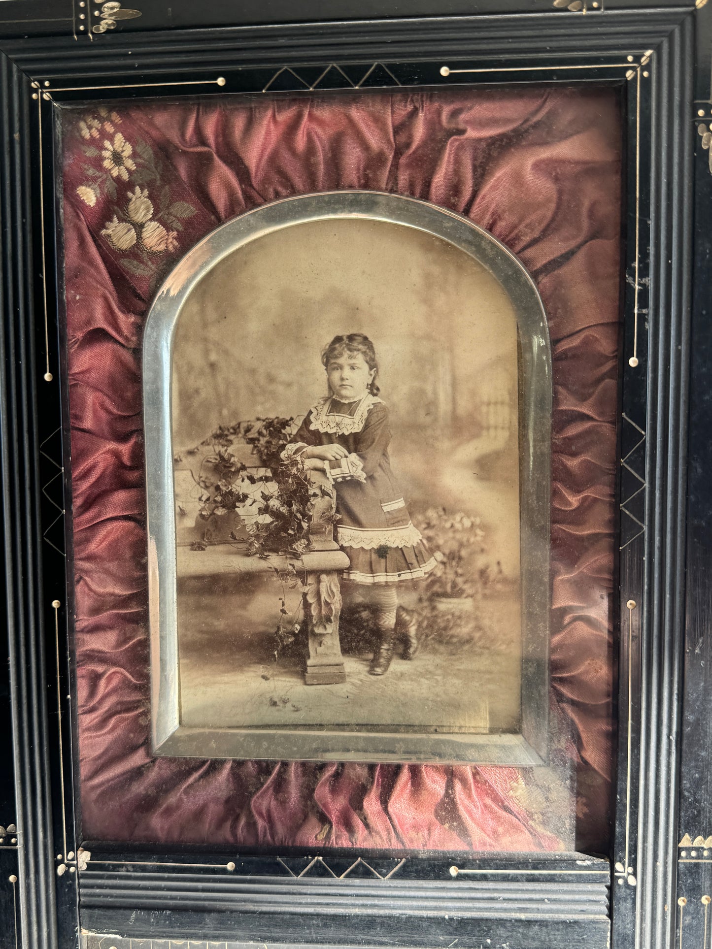 Victorian Eastlake Picture Frame with Silk Fabric and Silver Border