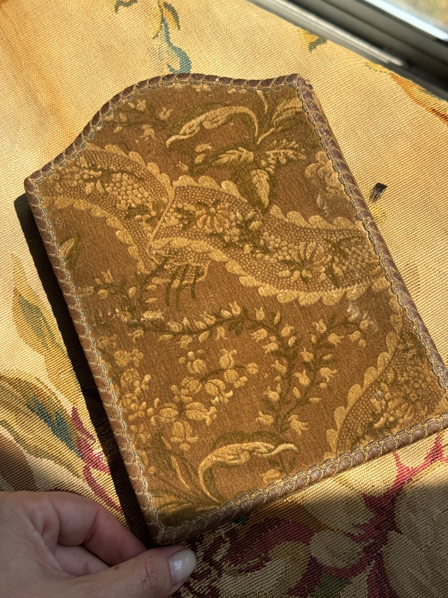 Antique French Fabric Folding Diptych Picture Frame – Floral Brocade & Silk Moiré