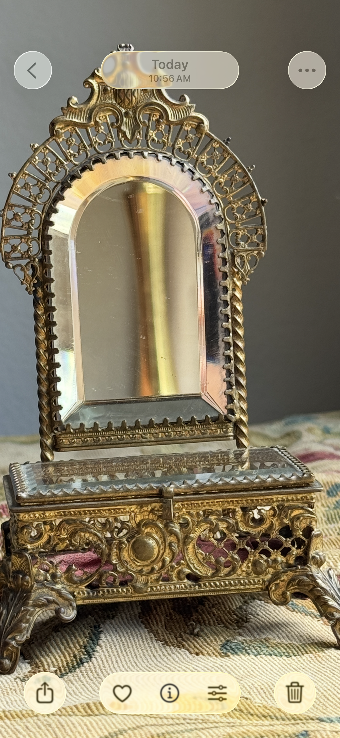 Rare Antique French Ormolu Filigree Jewelry Casket with Arched Beveled Vanity Mirror, circa 1880s