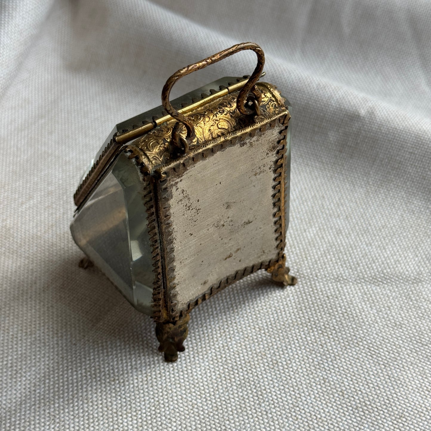 Antique French Jewelry Casked with Beveled Glass and Silk Cushion