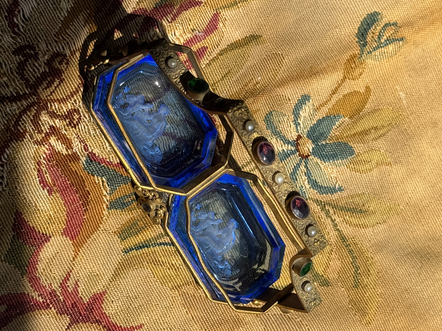 Antique Czech Blue Intaglio Glass Double Salt Cellar – Art Deco Brass Holder