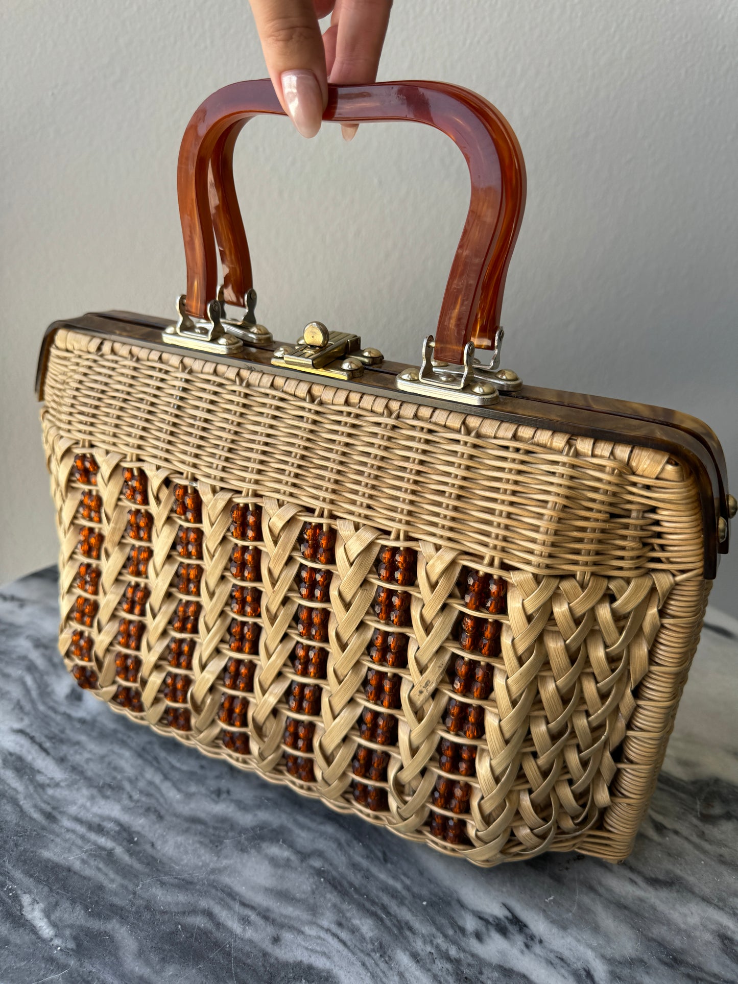 Vintage Wicker Handbag with Beads and Lucite