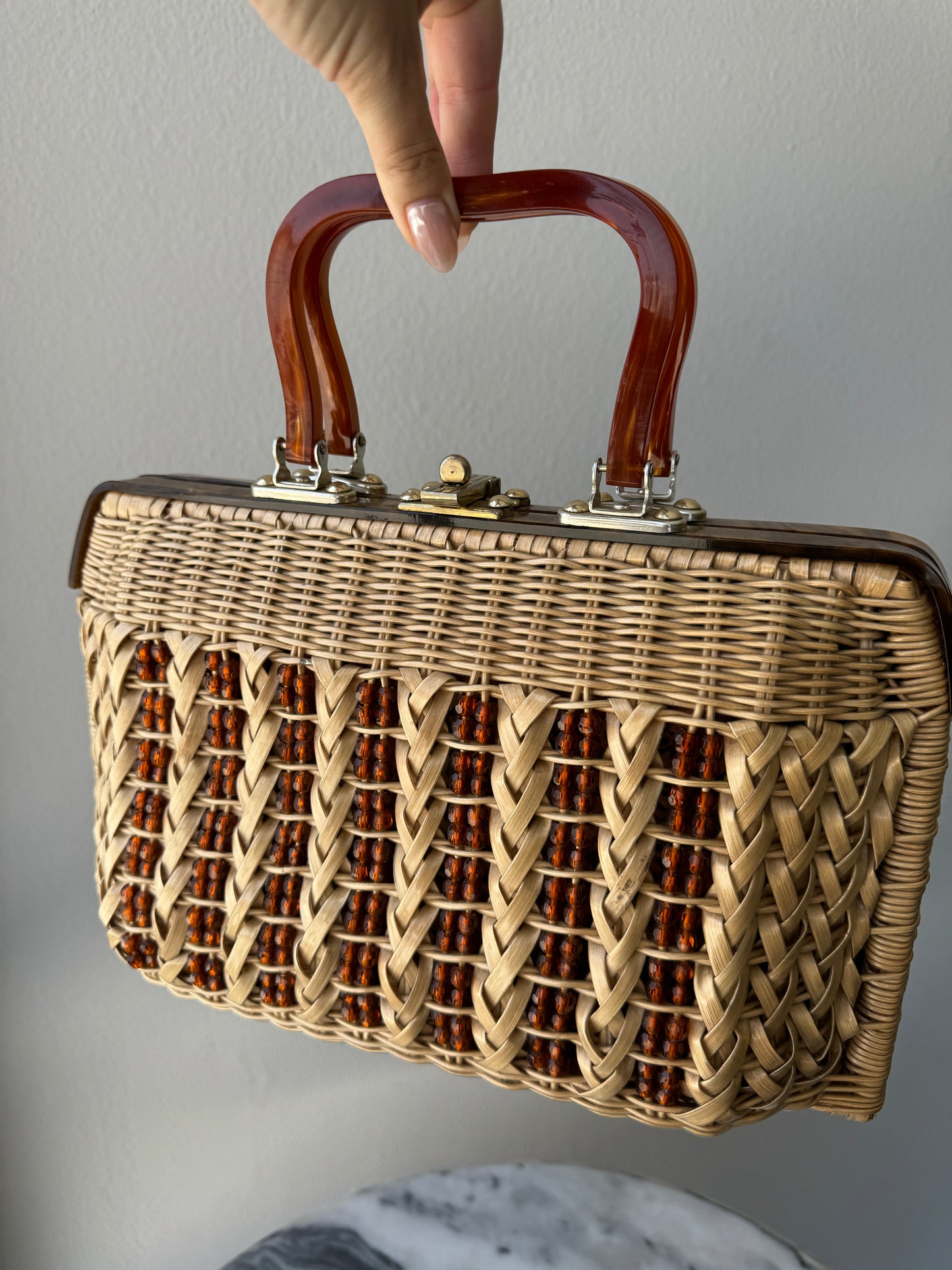 Vintage Wicker Handbag with Beads and Lucite