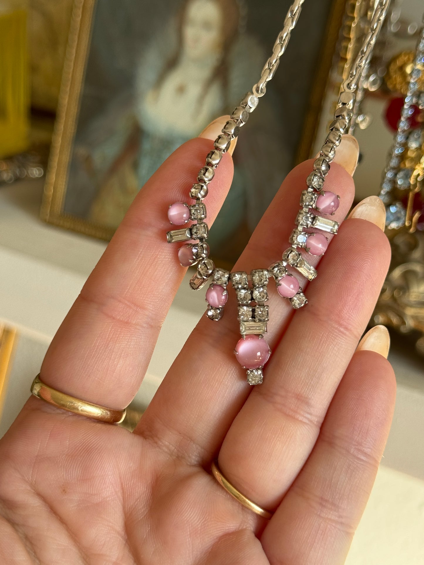 Dainty Vintage Rhinestone & Pink Bead Necklace