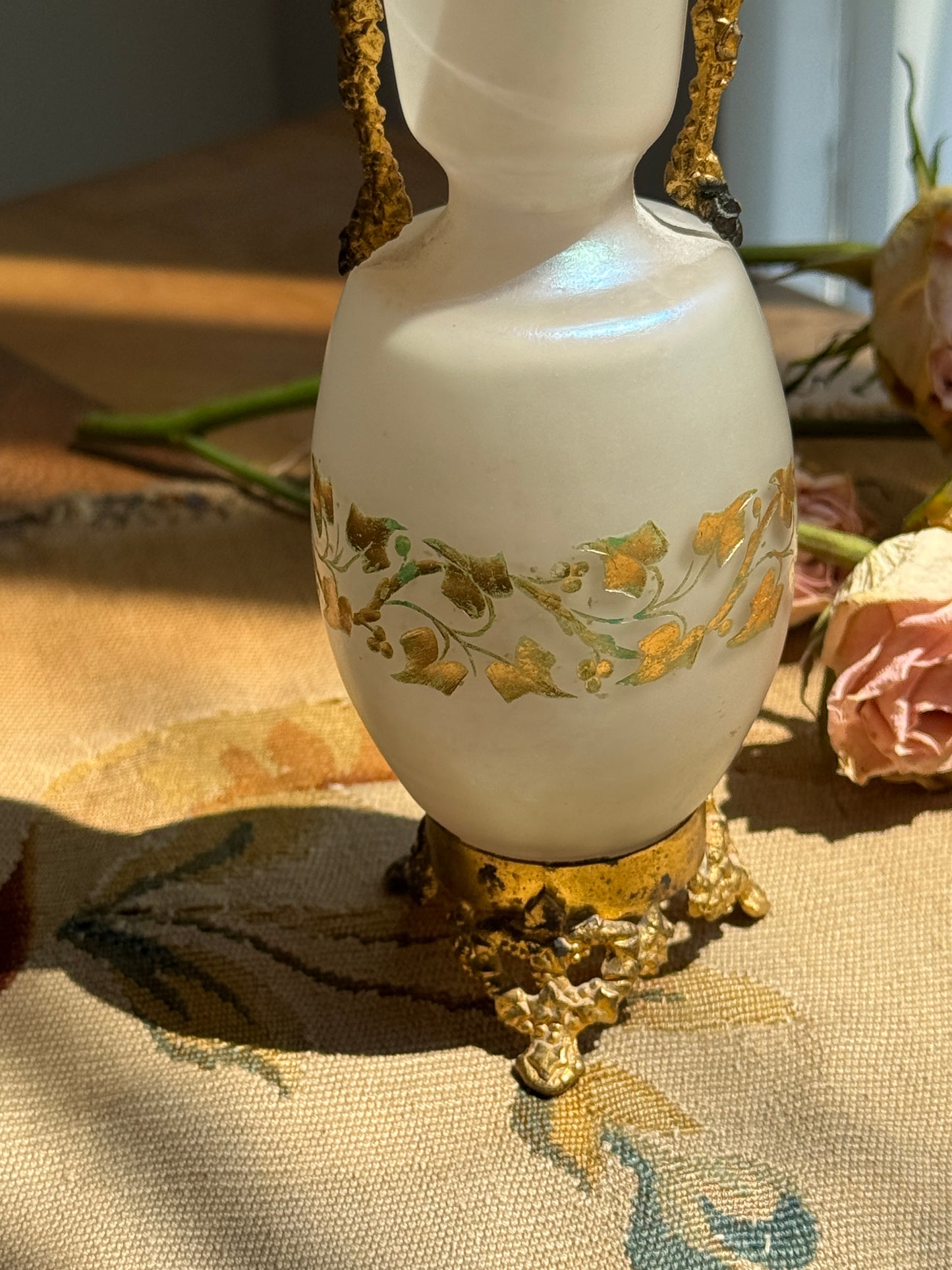 Antique French Style Opaline Glass Vase with Ormolu Mounts