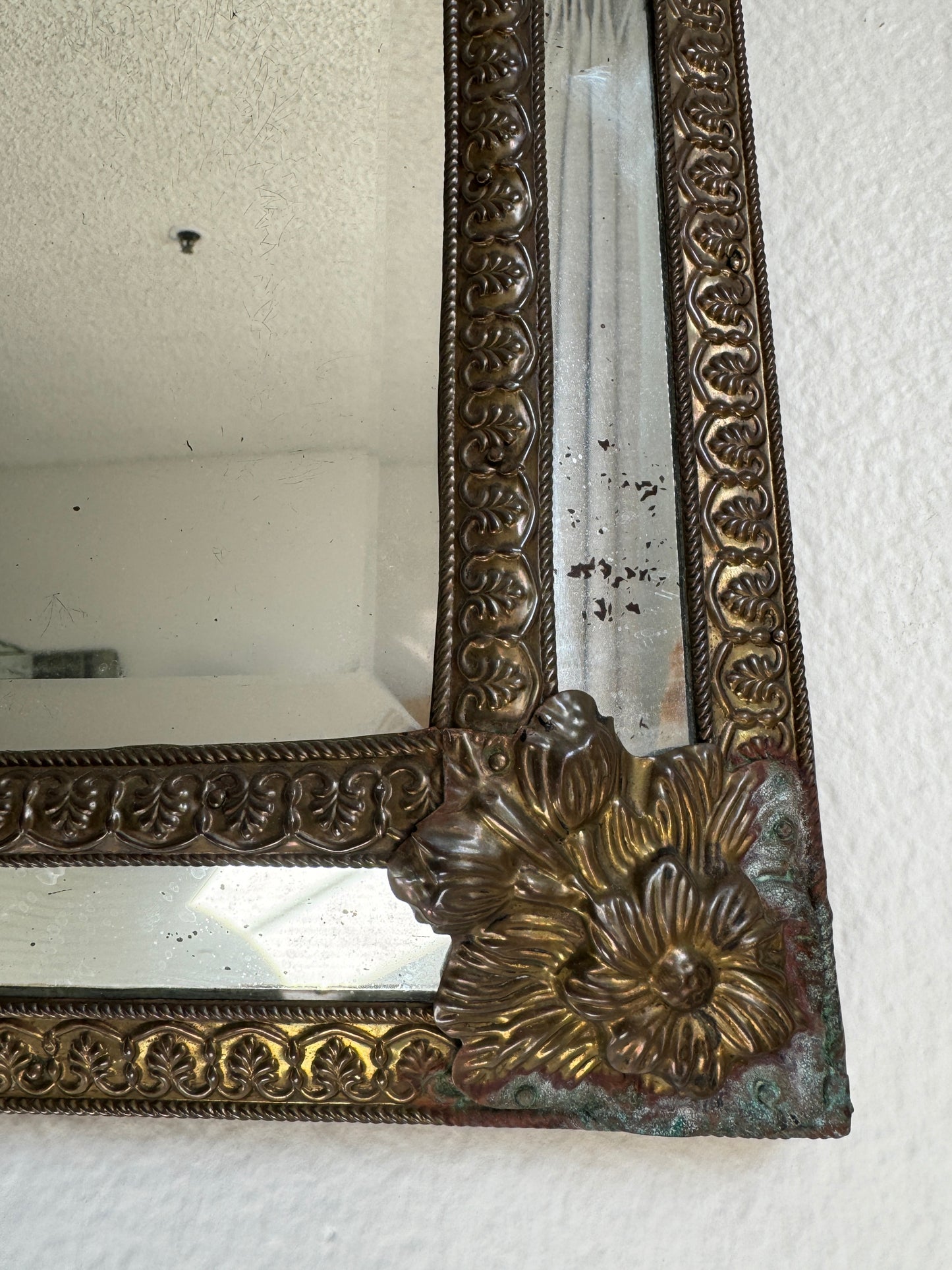 Antique Brass Repousse Mirror from Spain
