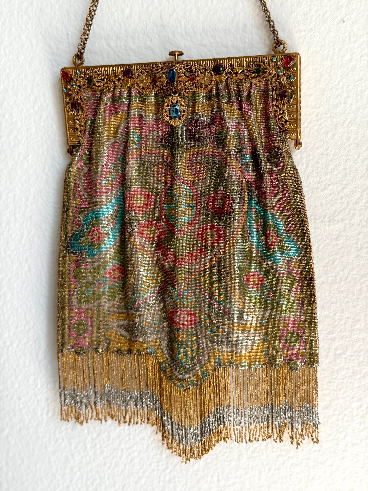 Antique French Cut Beaded Handbag Jeweled Steel Frame, Circa 1900-1910