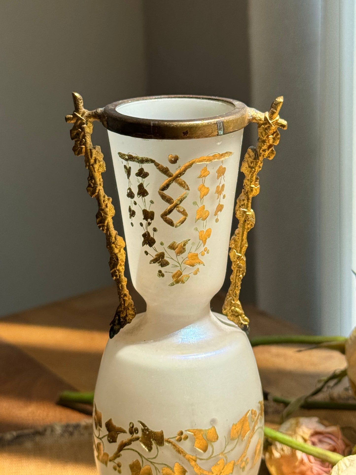 Antique French Style Opaline Glass Vase with Ormolu Mounts