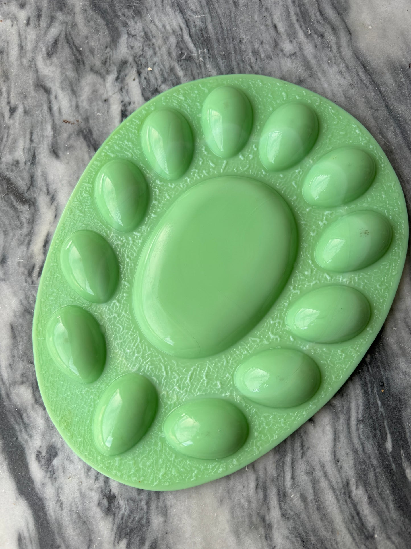 Vintage Jadeite Hen on Nest Egg Tray - L.E. Smith Glass - Deviled Egg Plate - Mid-Century Kitchenware