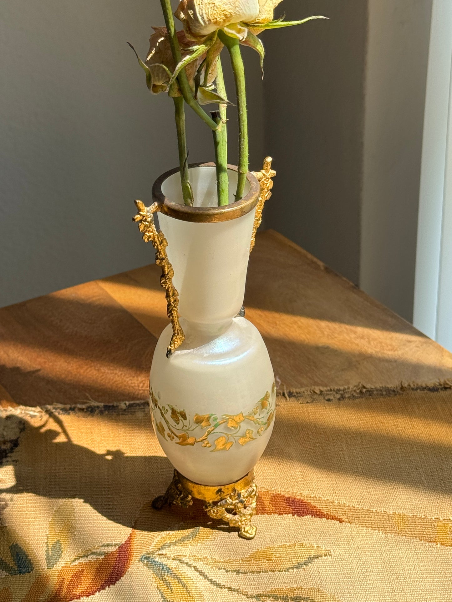 Antique French Style Opaline Glass Vase with Ormolu Mounts