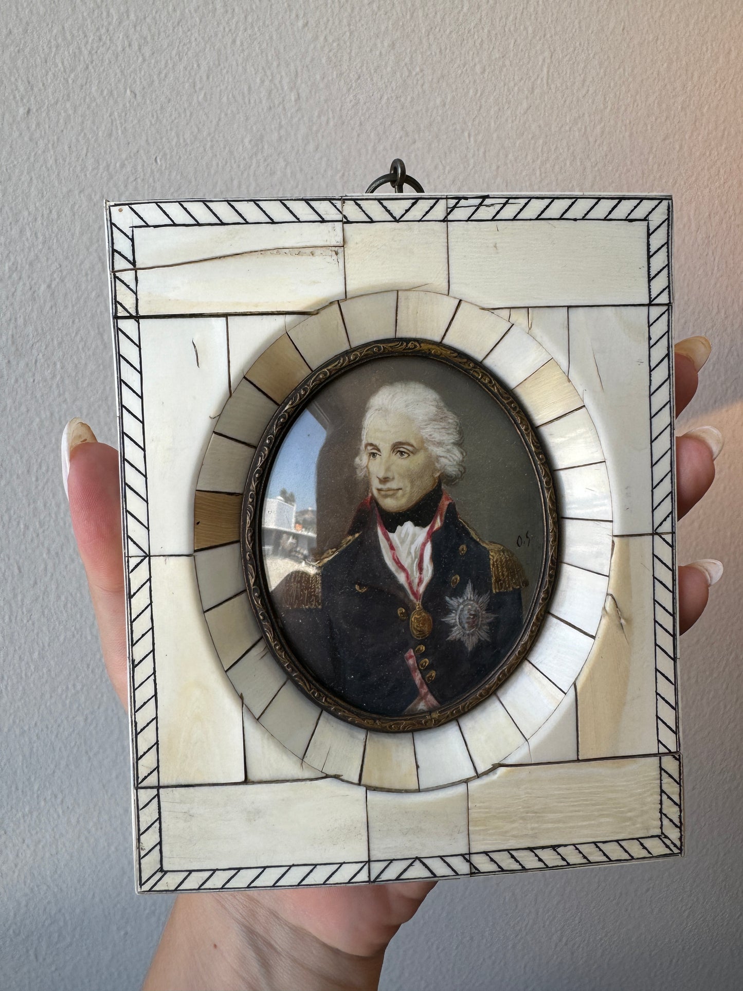 Antique French Portrait in a Bone Frame 19th Century