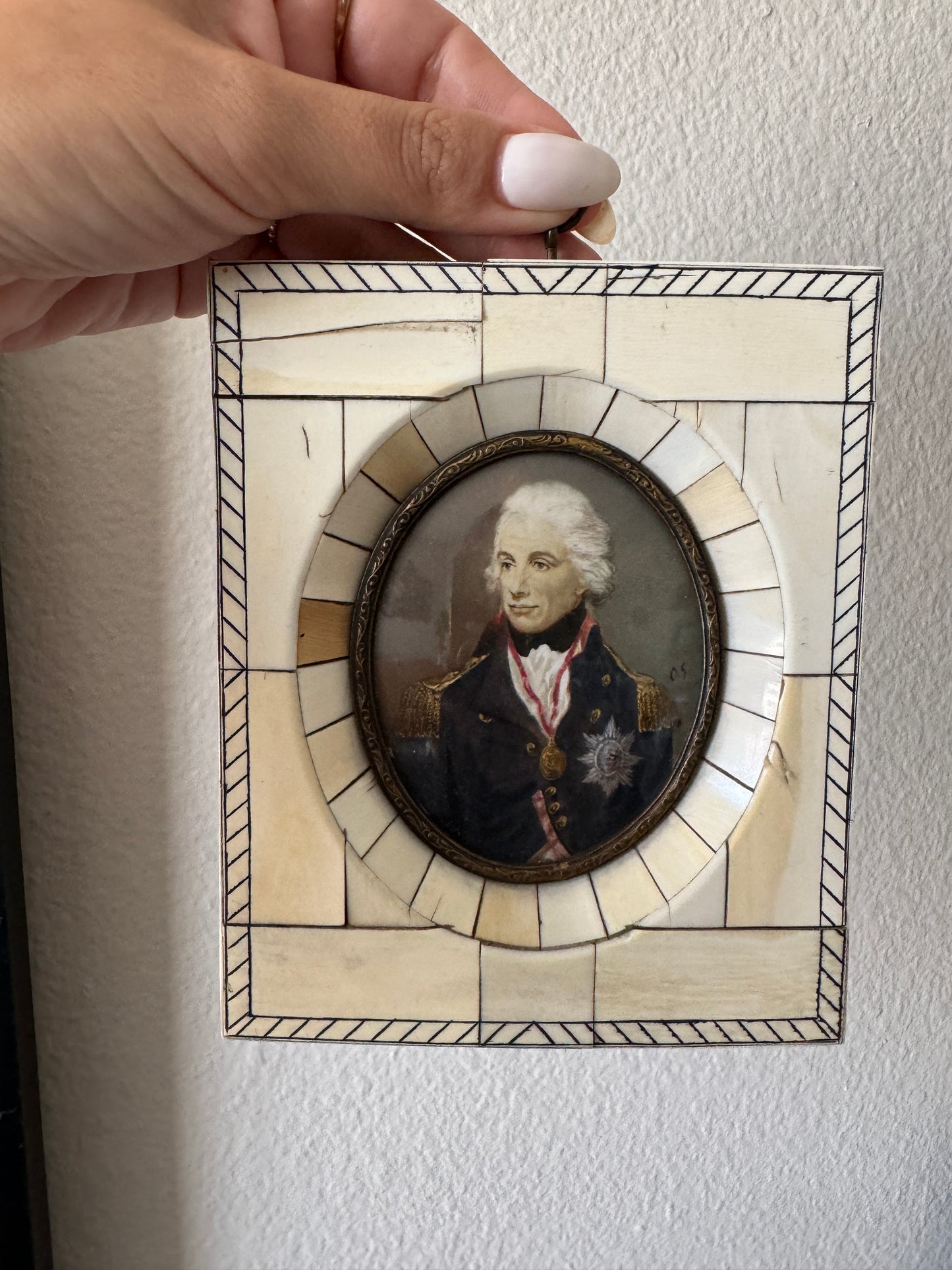 Antique French Portrait in a Bone Frame 19th Century