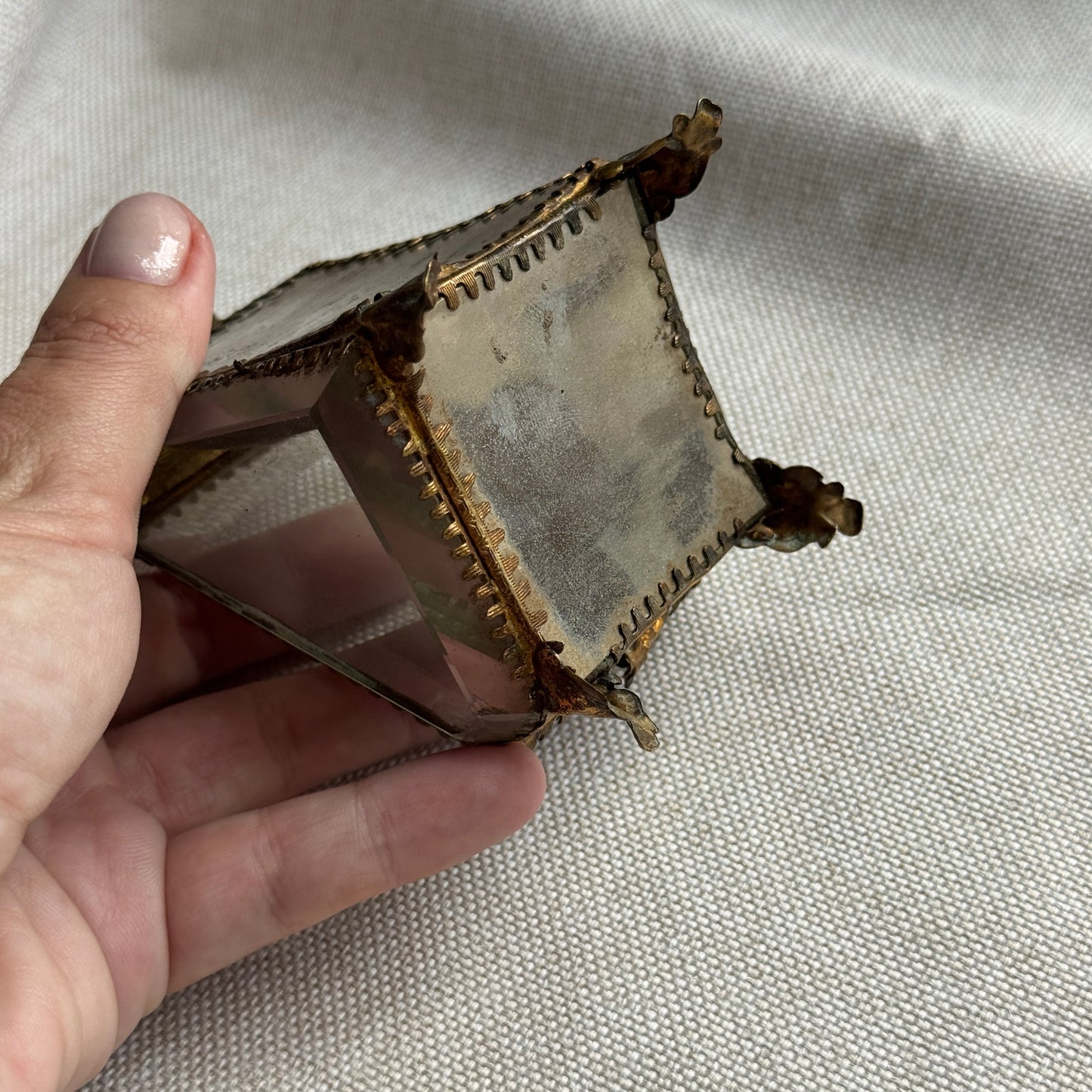 Antique French Jewelry Casked with Beveled Glass and Silk Cushion