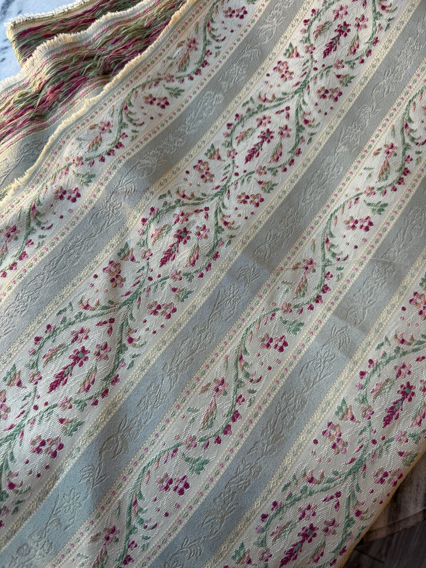 Dreamy Vintage French Floral Basket Stripe Upholstery Fabric