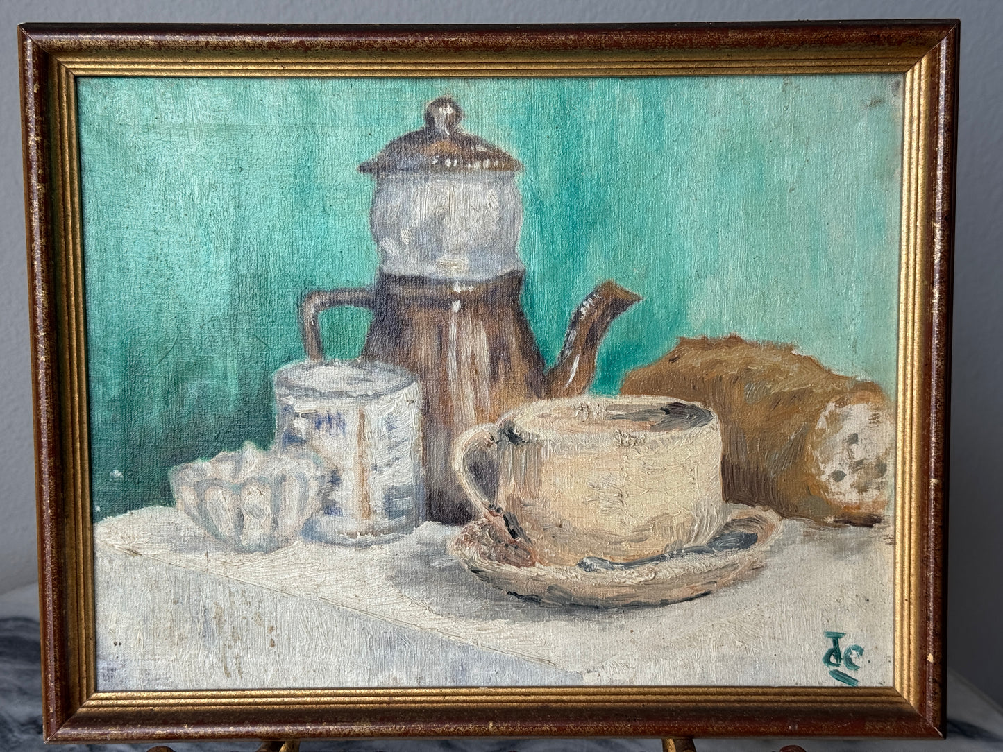 Vintage French Still Life Oil Painting – Coffee Pot, Cup & Bread – Signed – Midcentury Charm