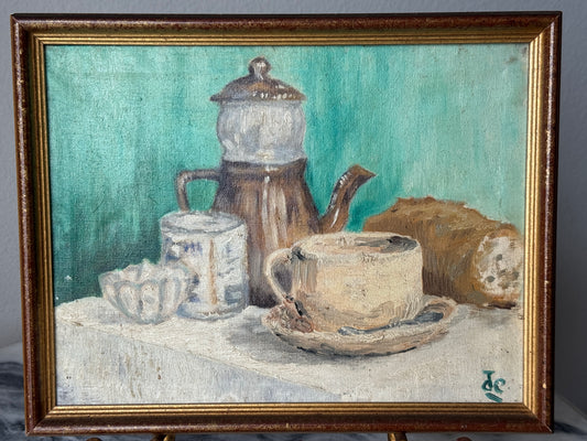 Vintage French Still Life Oil Painting – Coffee Pot, Cup & Bread – Signed – Midcentury Charm