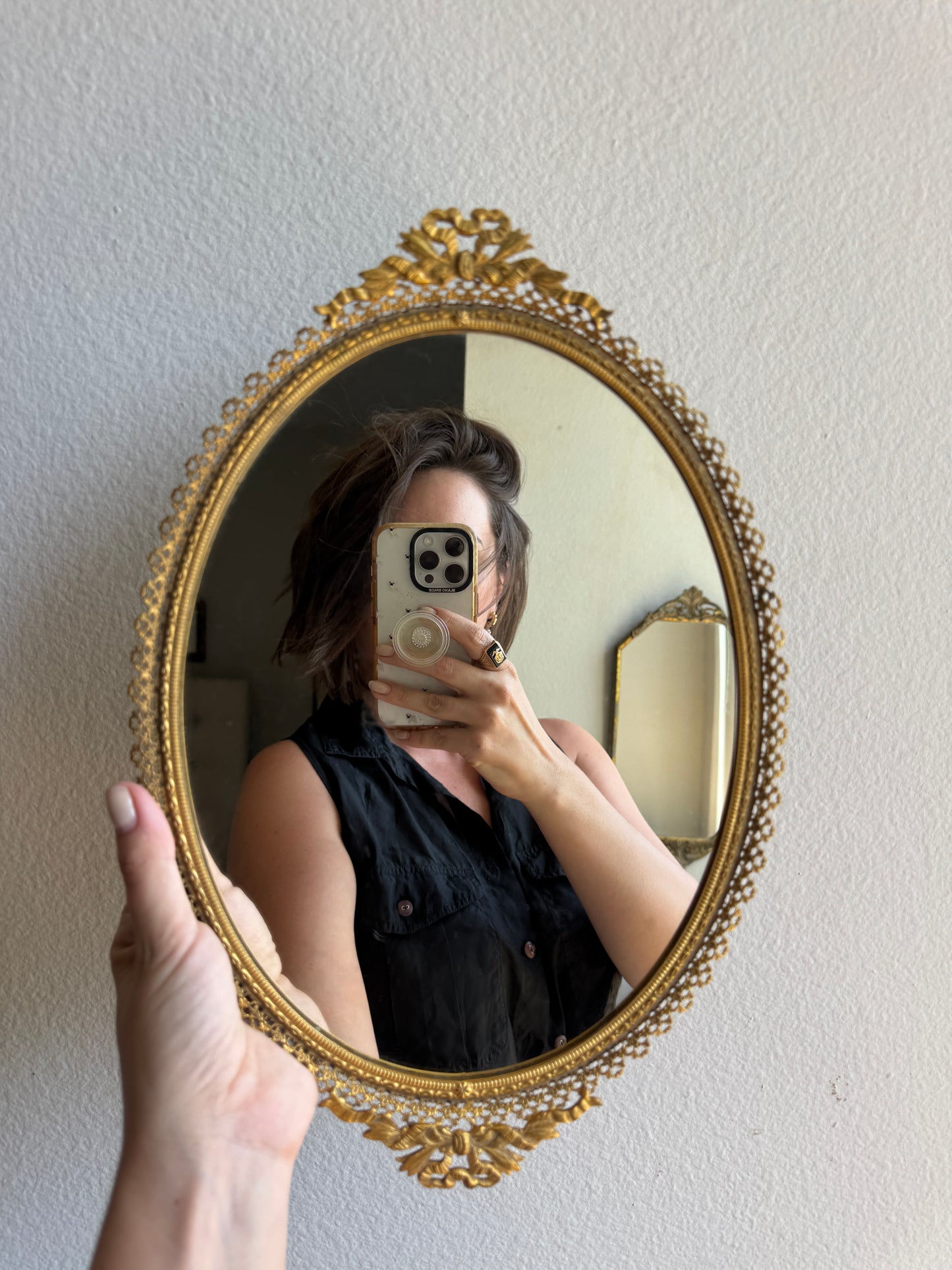 Antique French Gilt Brass Filigree & Bow Oval Vanity Mirror, c. 1930s