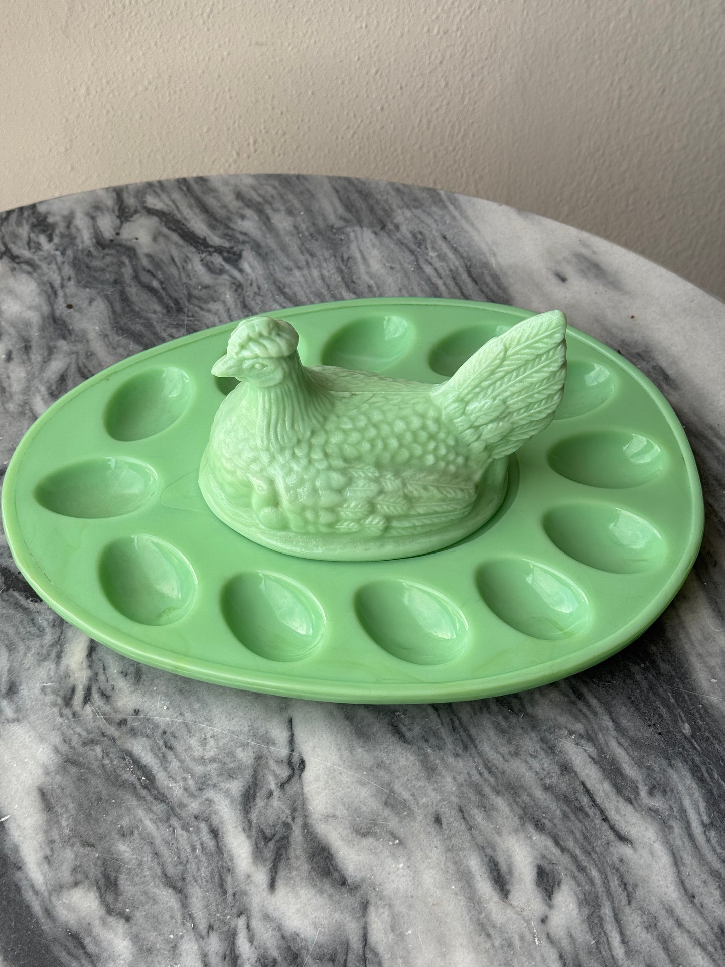 Vintage Jadeite Hen on Nest Egg Tray - L.E. Smith Glass - Deviled Egg Plate - Mid-Century Kitchenware