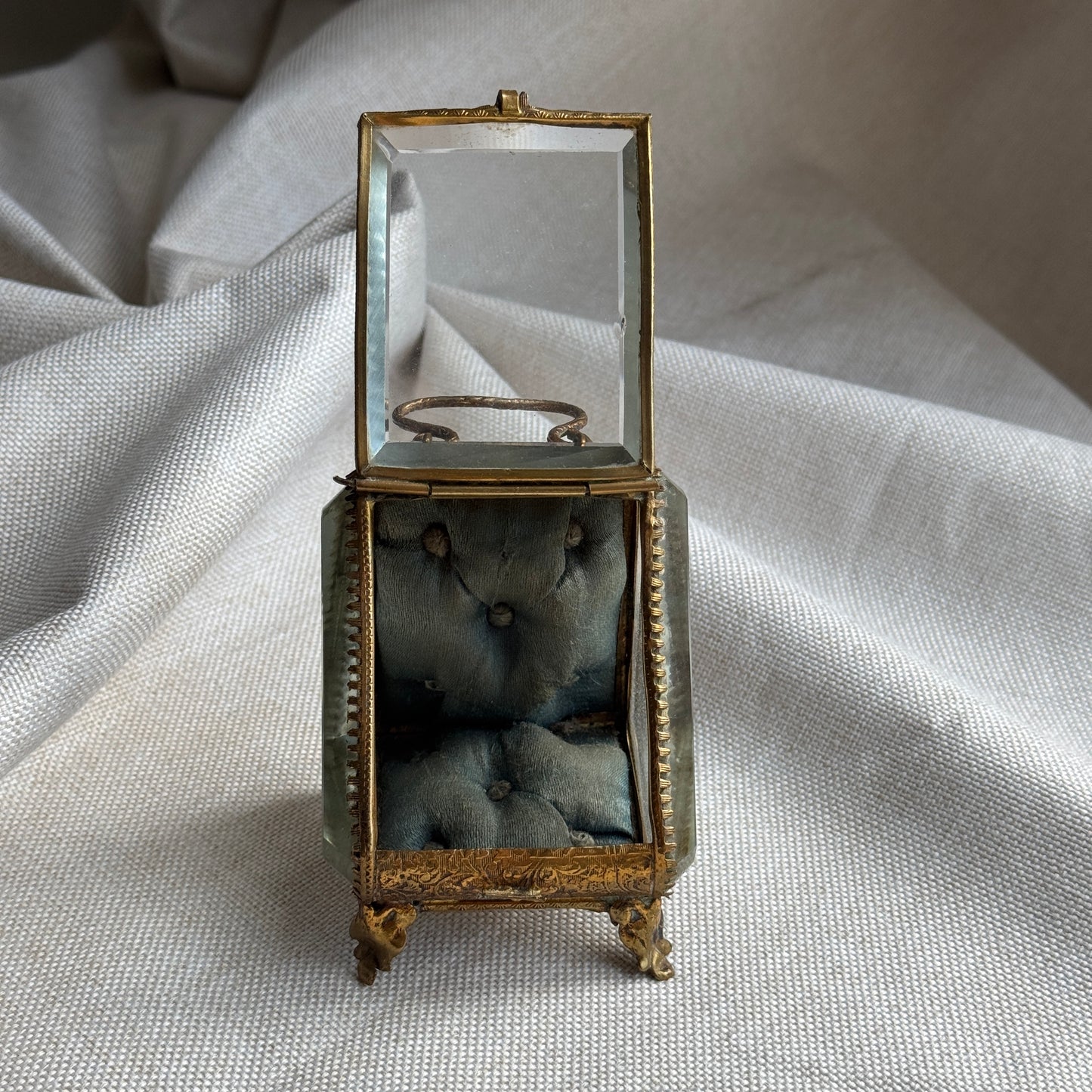 Antique French Jewelry Casked with Beveled Glass and Silk Cushion