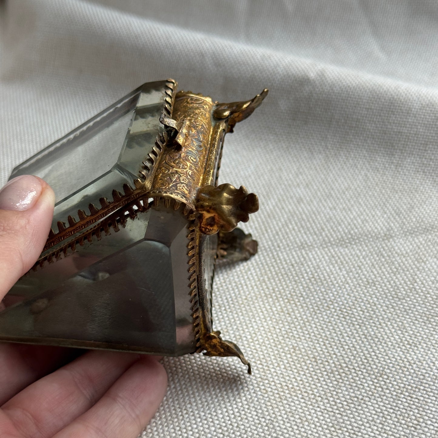 Antique French Jewelry Casked with Beveled Glass and Silk Cushion