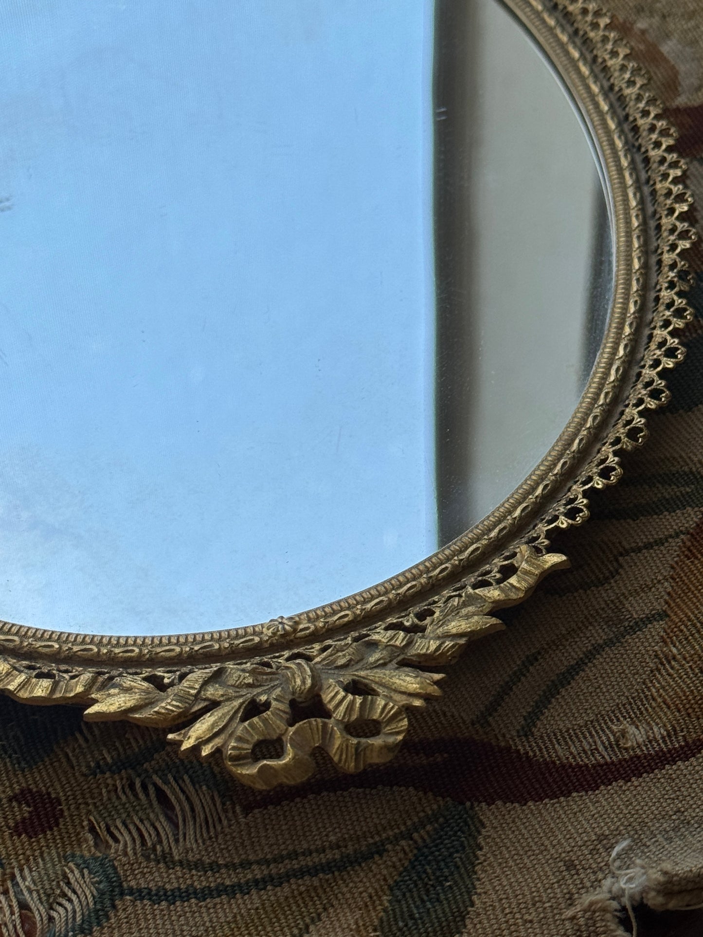 Antique French Gilt Brass Filigree & Bow Oval Vanity Mirror, c. 1930s