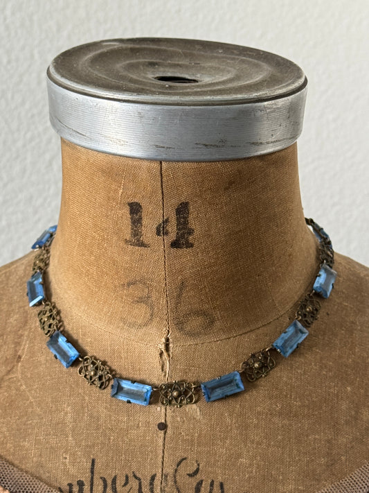 Antique 1920s Czech Art Deco Blue Glass & Filigree Necklace