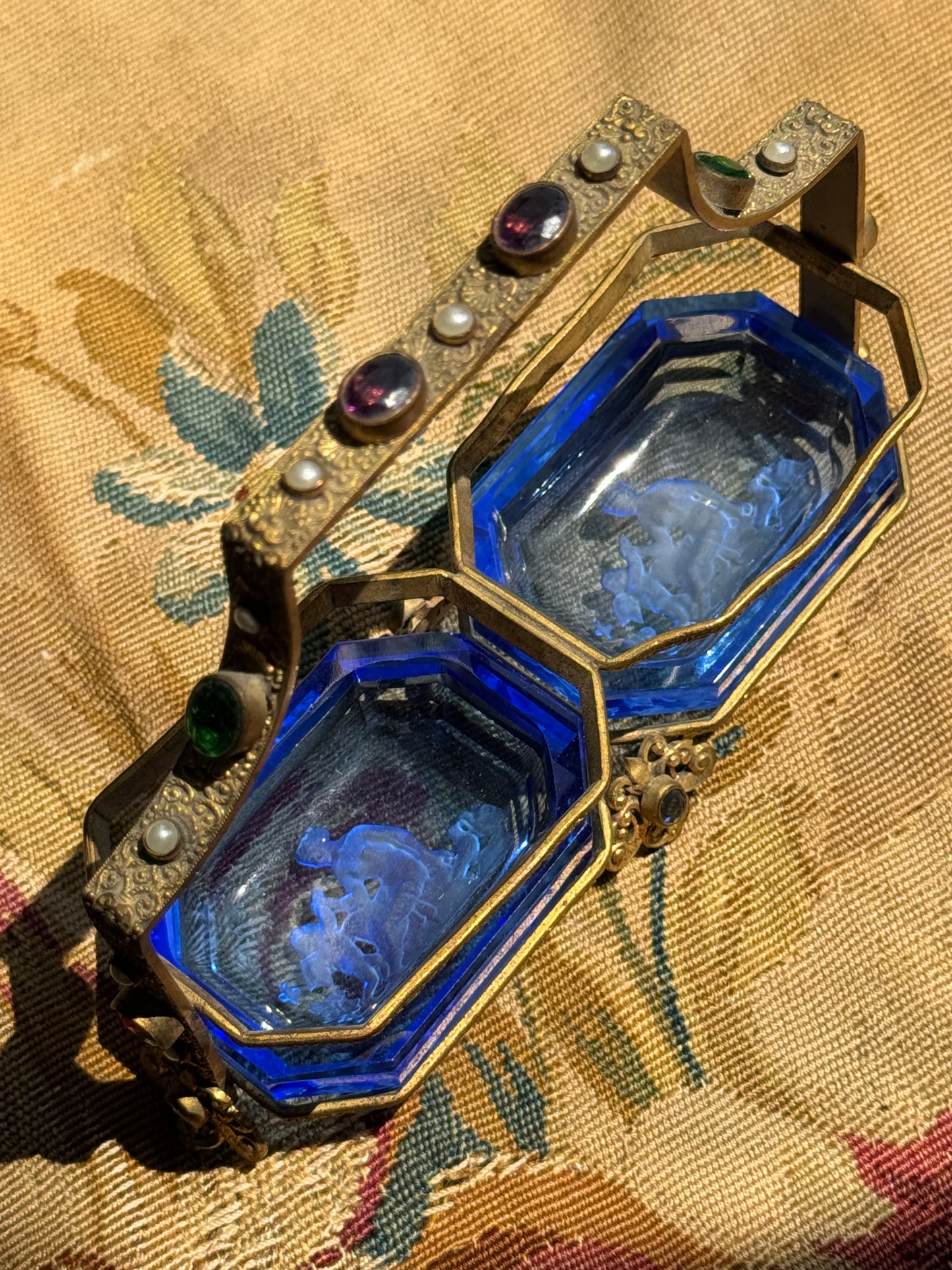 Antique Czech Blue Intaglio Glass Double Salt Cellar – Art Deco Brass Holder