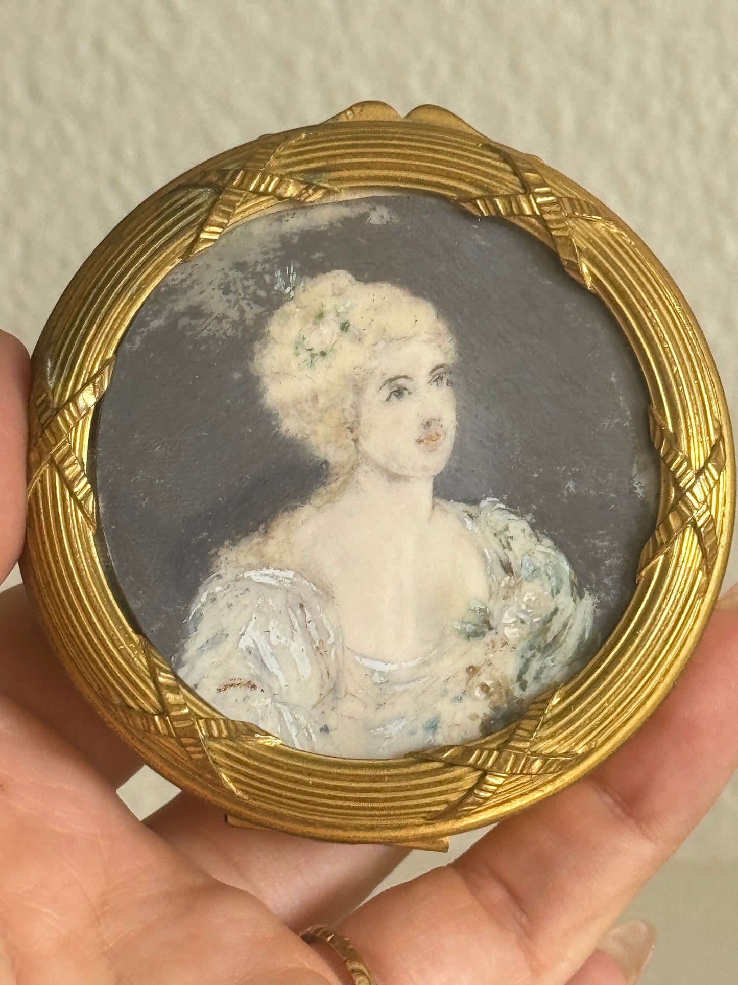 Antique French Ormulu Keepsake Jar with Hand painted Portrait