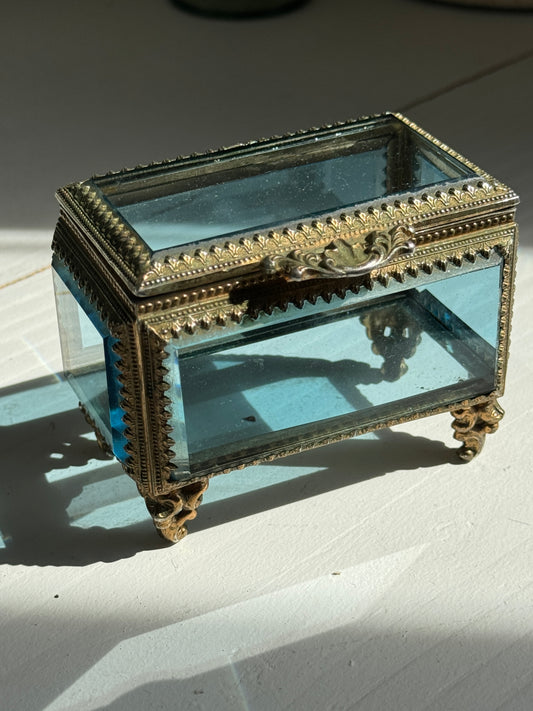 Rare and Unique Antique Jewelry Casket with Blue Beveled Glass