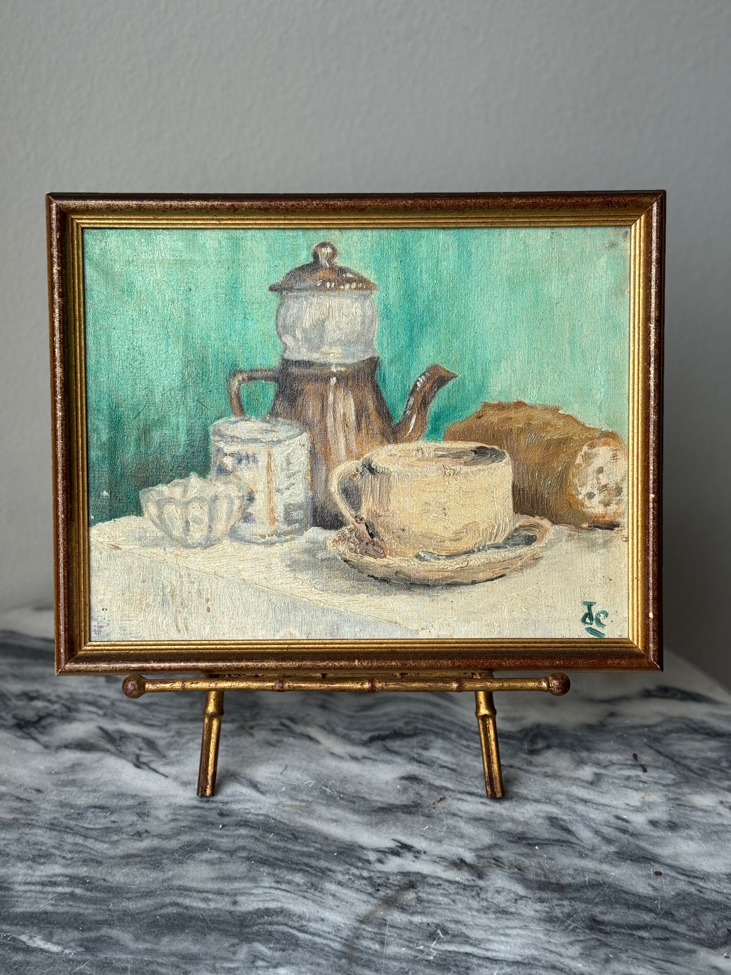 Vintage French Still Life Oil Painting – Coffee Pot, Cup & Bread – Signed – Midcentury Charm