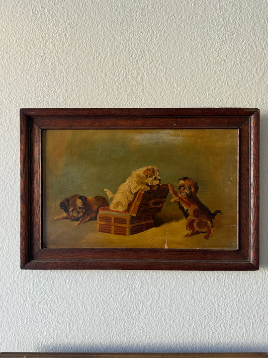 Antique Oil Painting of Terriers Playing