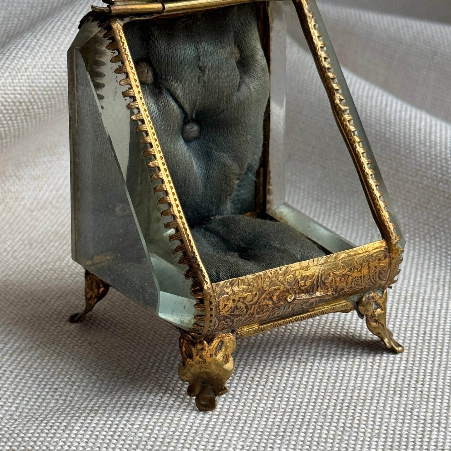 Antique French Jewelry Casked with Beveled Glass and Silk Cushion