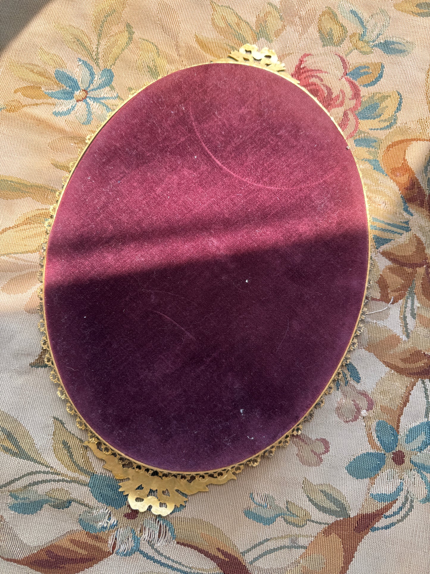 Antique French Gilt Brass Filigree & Bow Oval Vanity Mirror, c. 1930s