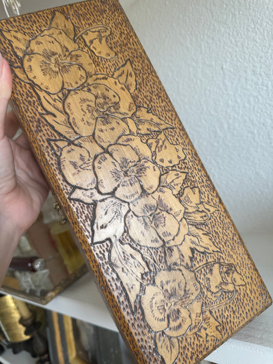 Vintage Glove Box, Pyrogrpahy Flower Art