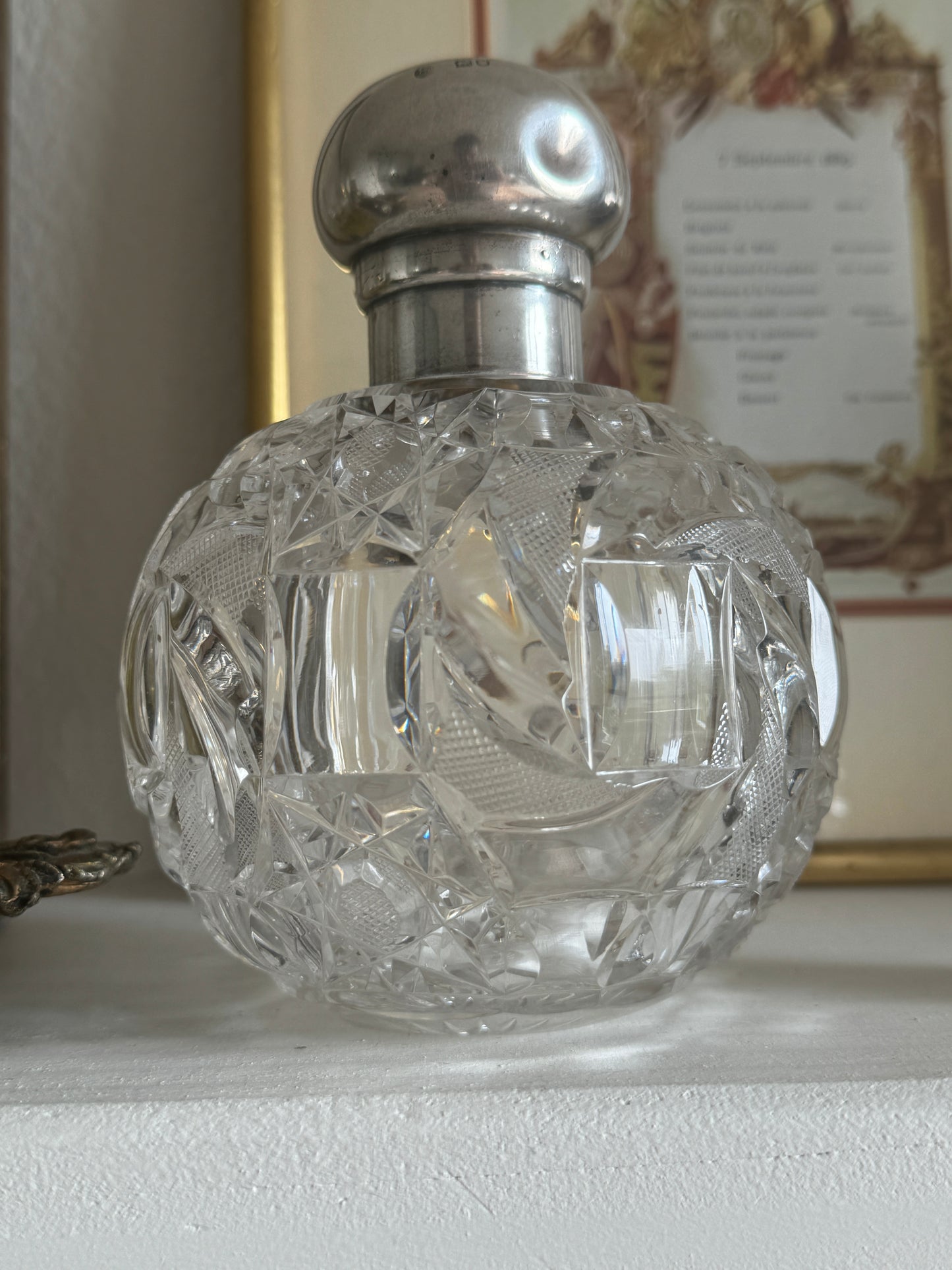 LARGE 19th Century English Crystal Perfume Bottle with Sterling Silver Lid