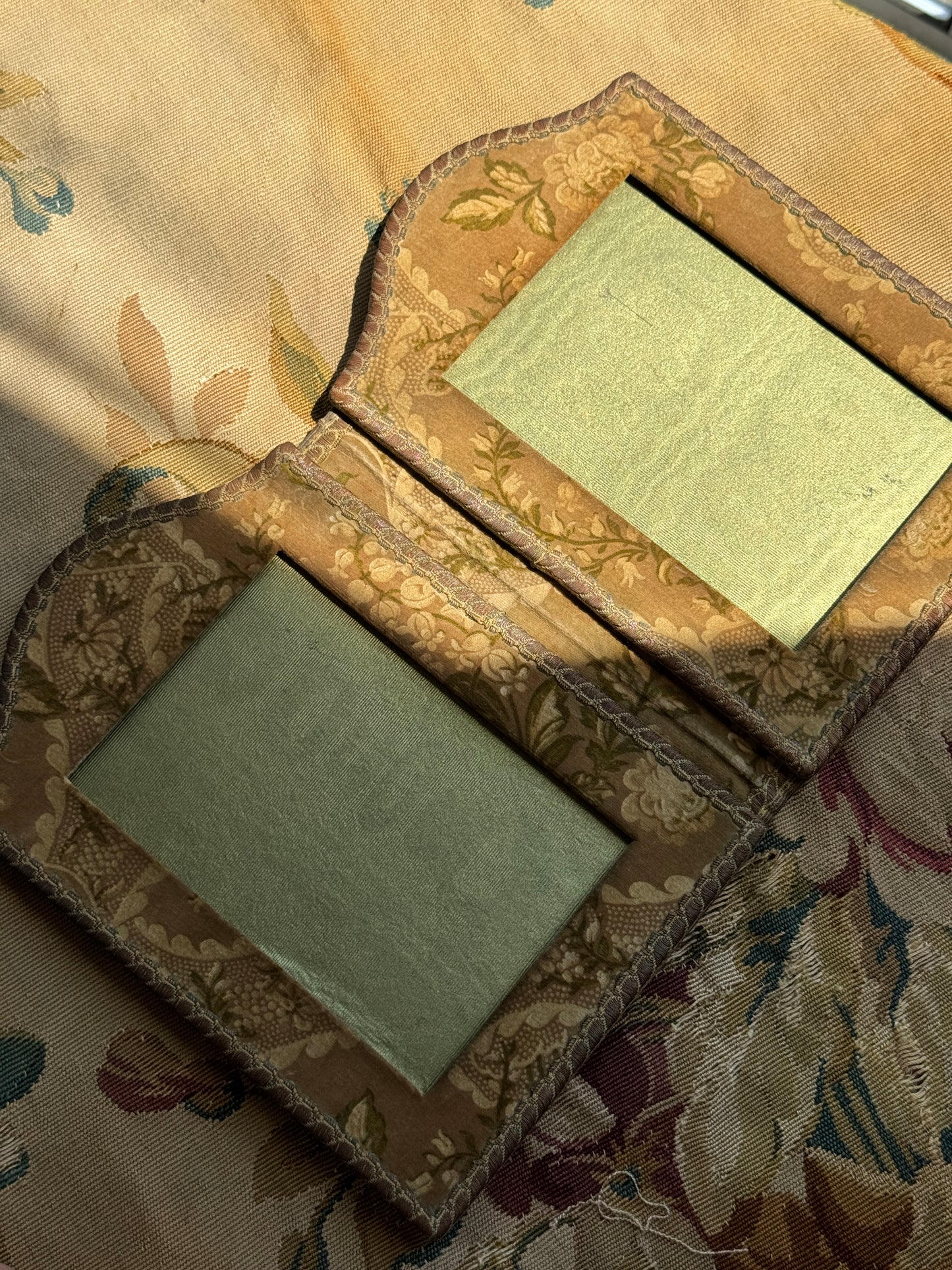 Antique French Fabric Folding Diptych Picture Frame – Floral Brocade & Silk Moiré