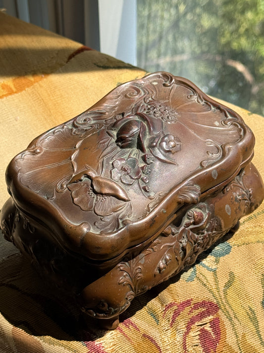 Antique Art Nouveau Floral Jewelry Box – Vintage Bronze-Finish Casket