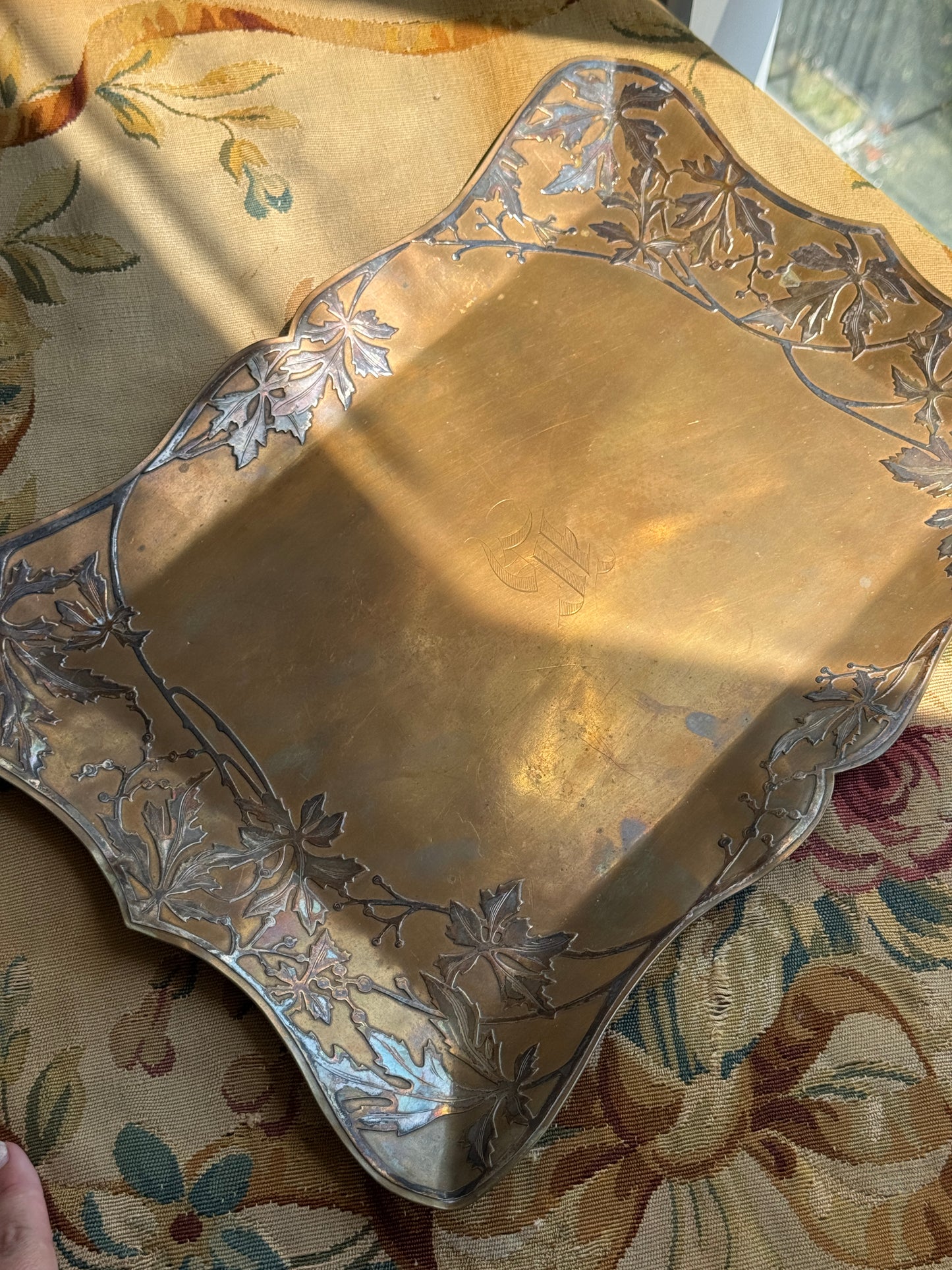 Antique Art Nouveau Mixed Metal Tray – Sterling Silver Overlay on Copper