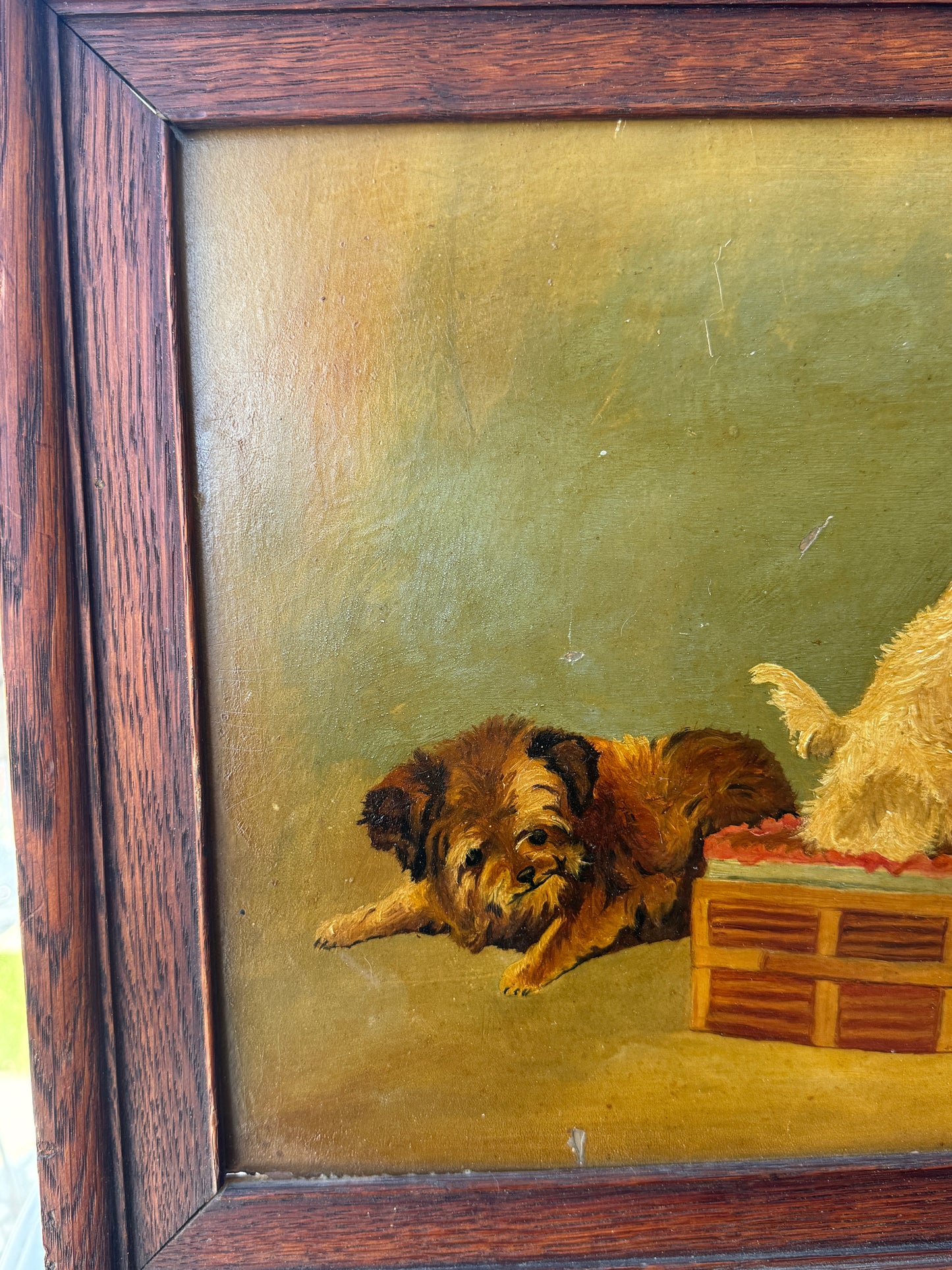 Antique Oil Painting of Terriers Playing