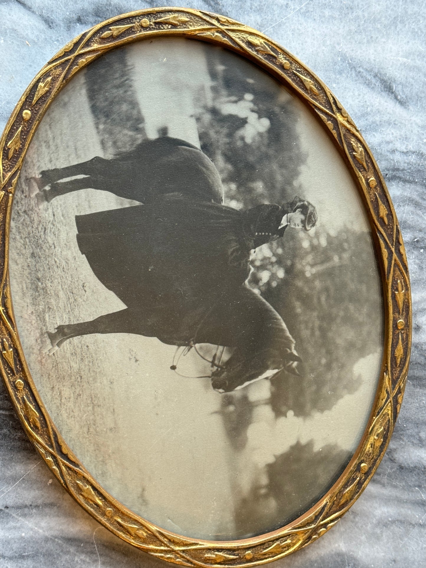 Victorian Age Photo of Woman on Horse, Hand-Carved Frame