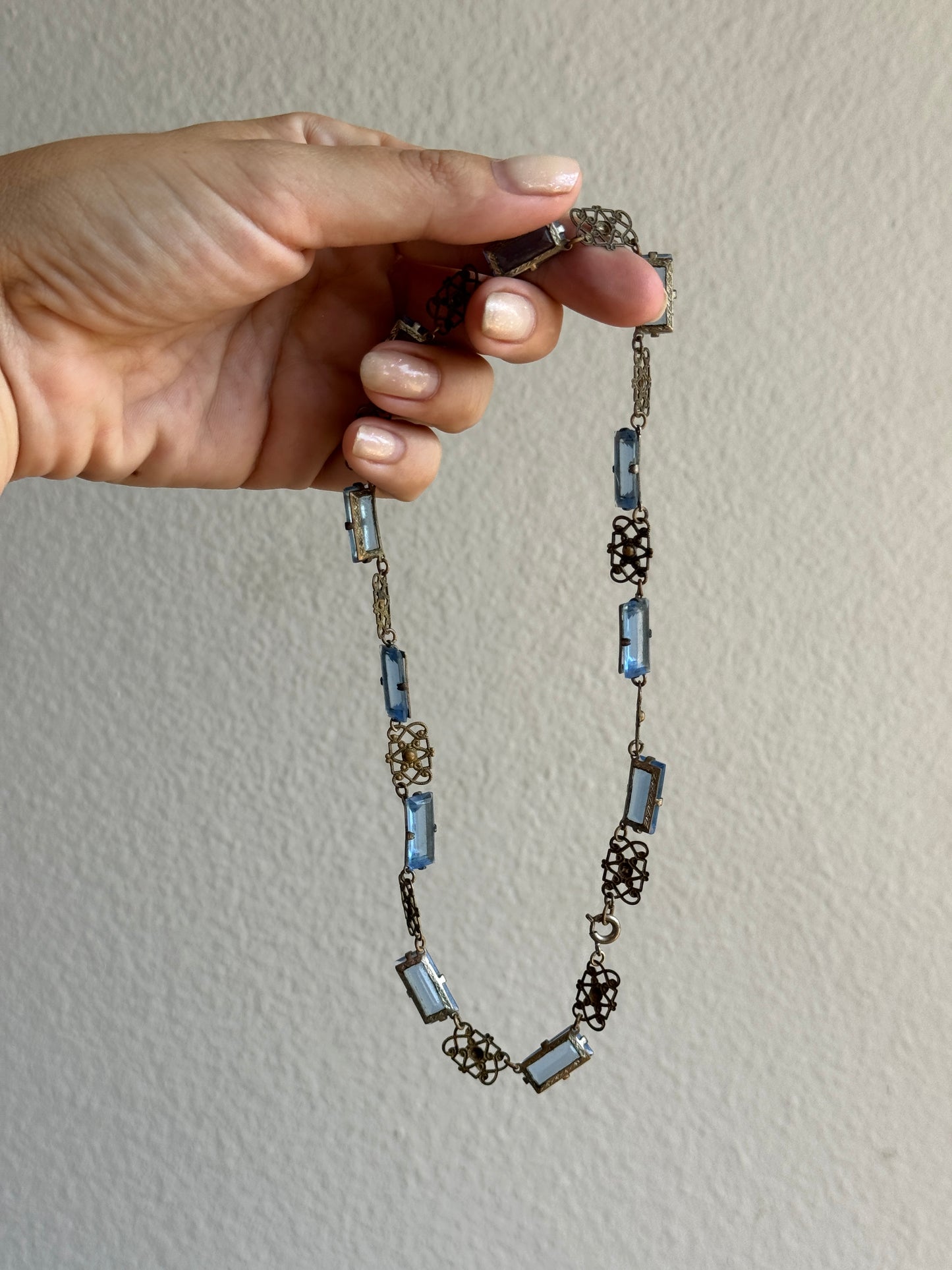 Antique 1920s Czech Art Deco Blue Glass & Filigree Necklace