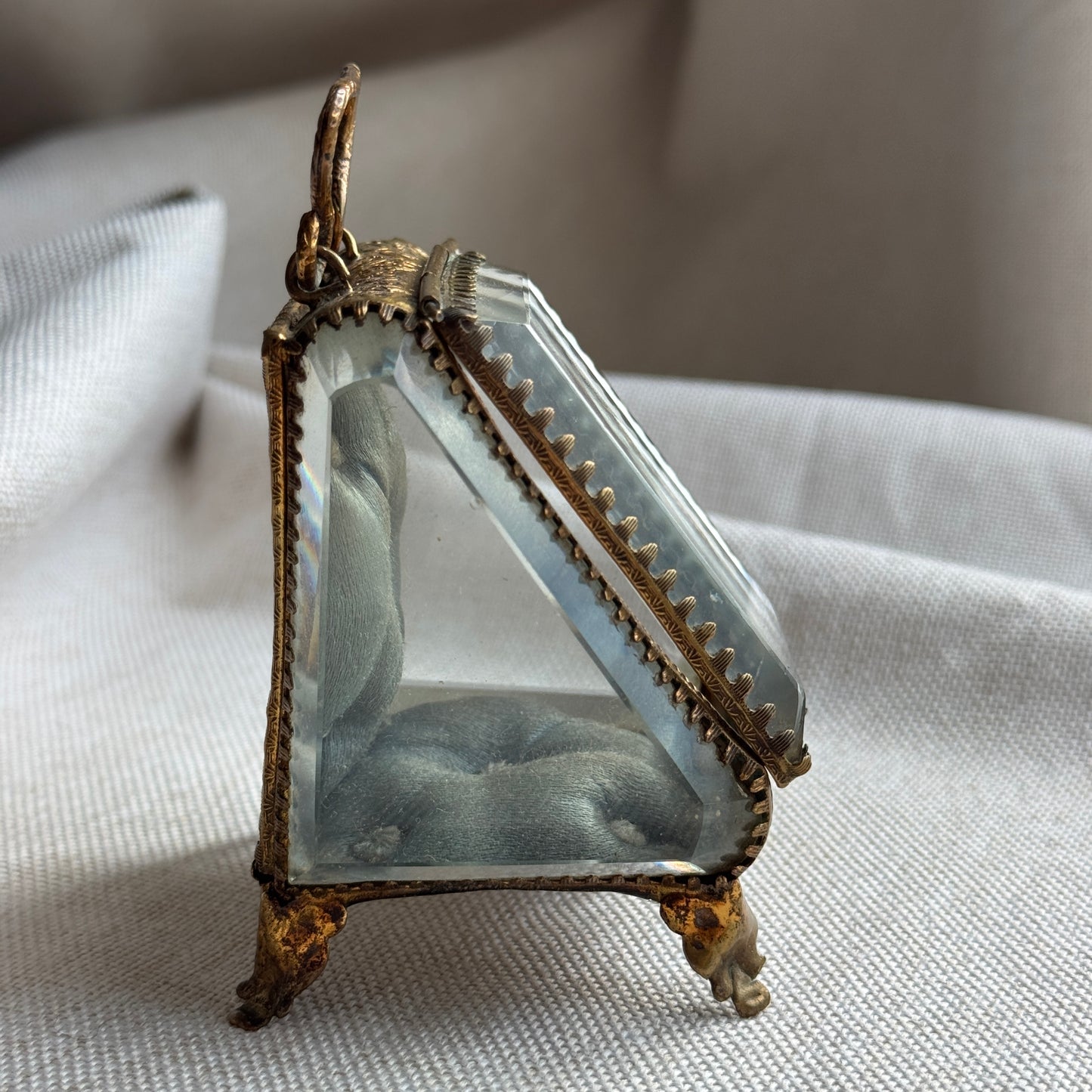 Antique French Jewelry Casked with Beveled Glass and Silk Cushion