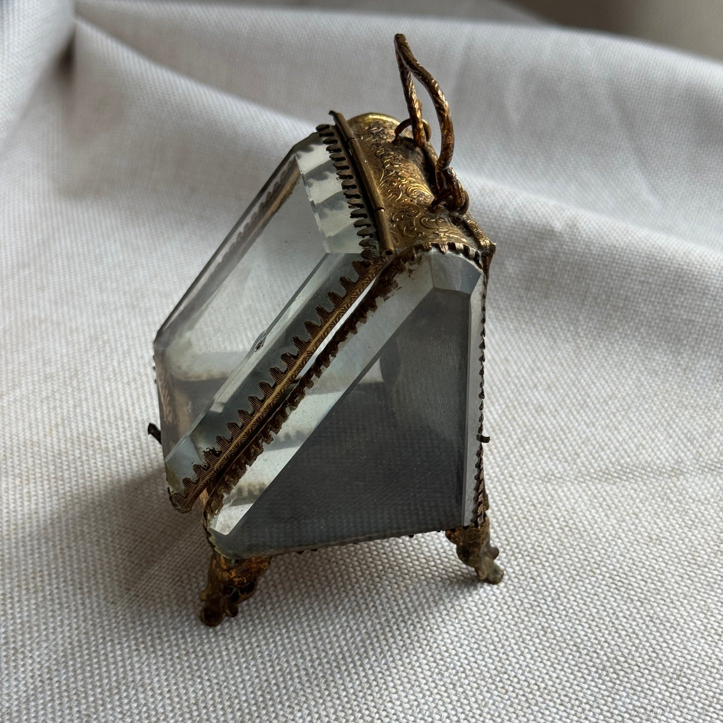 Antique French Jewelry Casked with Beveled Glass and Silk Cushion